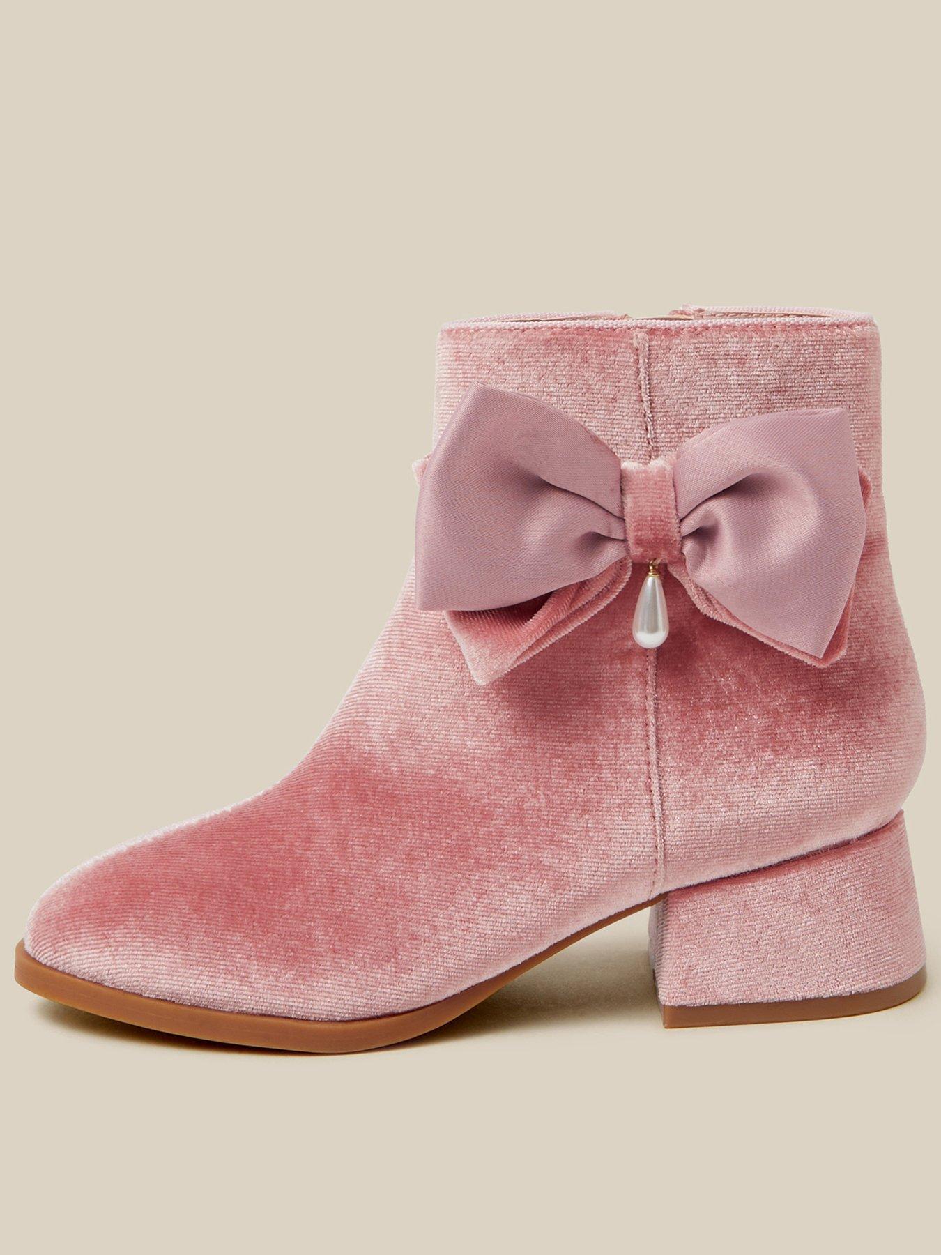Image 1 of 3 of Monsoon Girls Velvet Bow Side Zip Party Boots - Pink