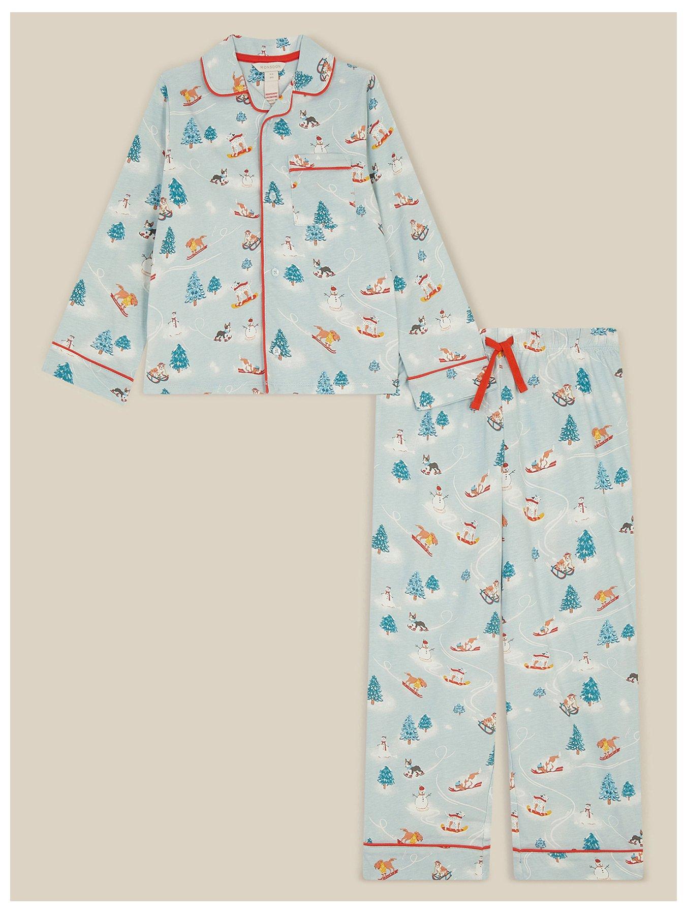 Image 1 of 4 of Monsoon Boys Skiing Dog Print Button-Through Pyjamas - Blue