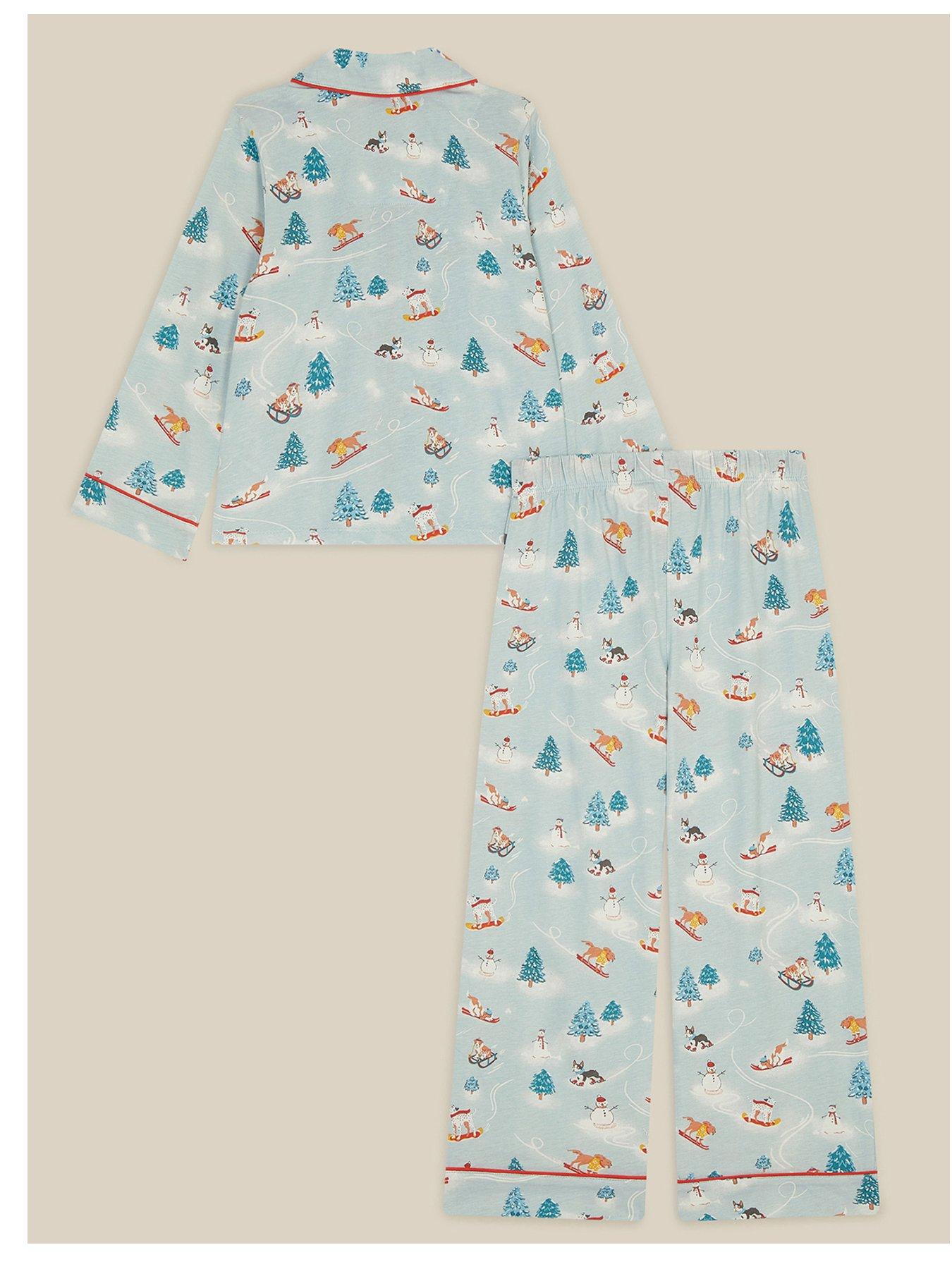 Image 2 of 4 of Monsoon Boys Skiing Dog Print Button-Through Pyjamas - Blue