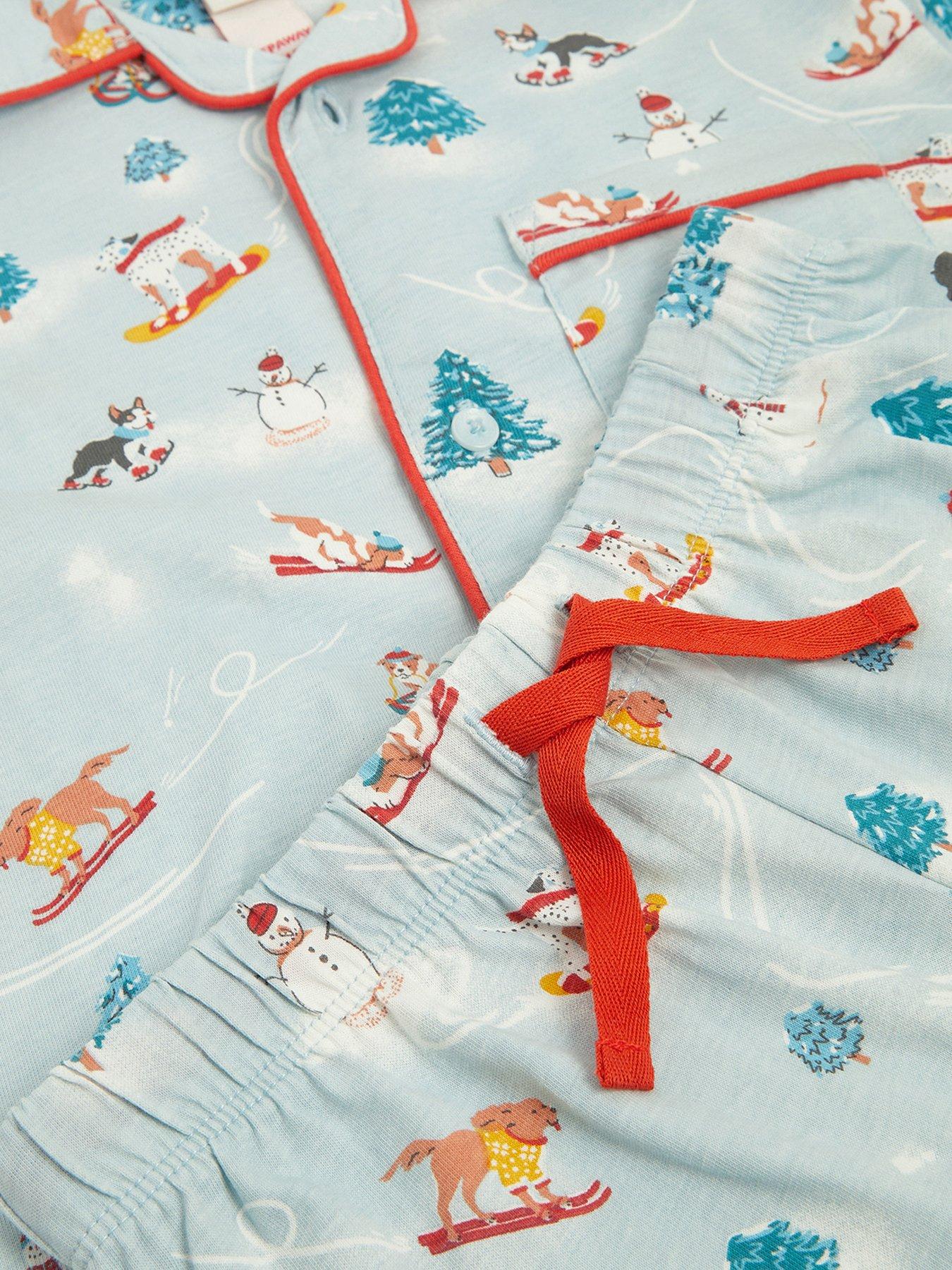 Image 3 of 4 of Monsoon Boys Skiing Dog Print Button-Through Pyjamas - Blue
