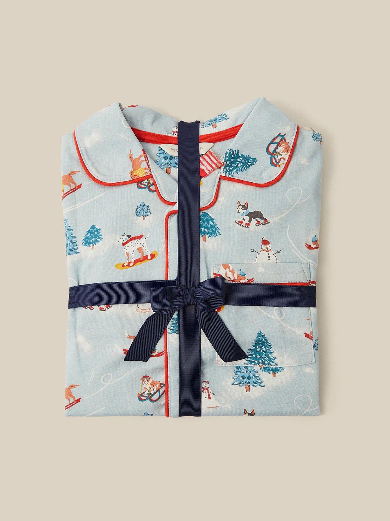 Image 4 of 4 of Monsoon Boys Skiing Dog Print Button-Through Pyjamas - Blue