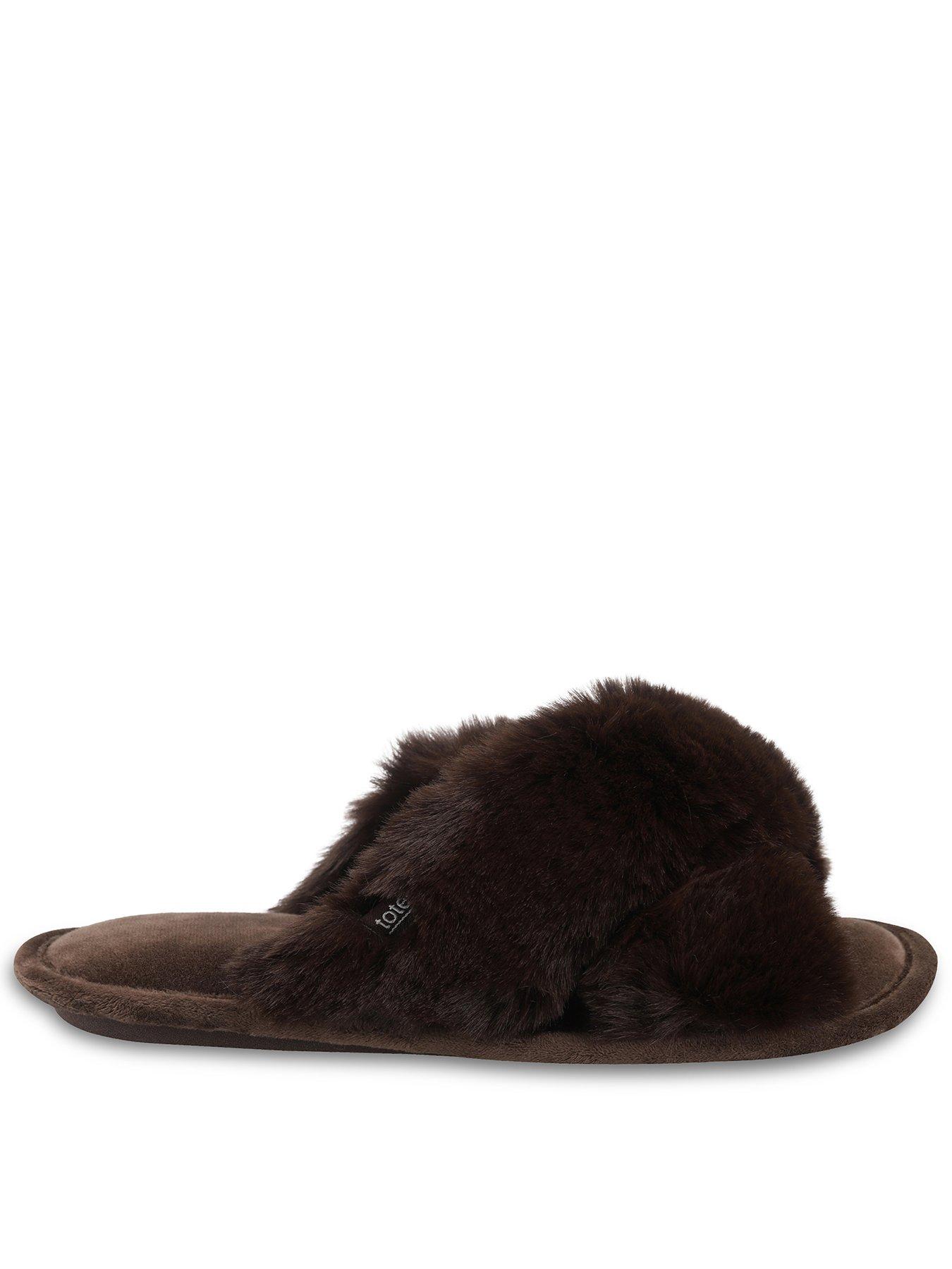 Image 1 of 5 of TOTES Totes Crossover Faux Fur Slider Slippers - Chocolate