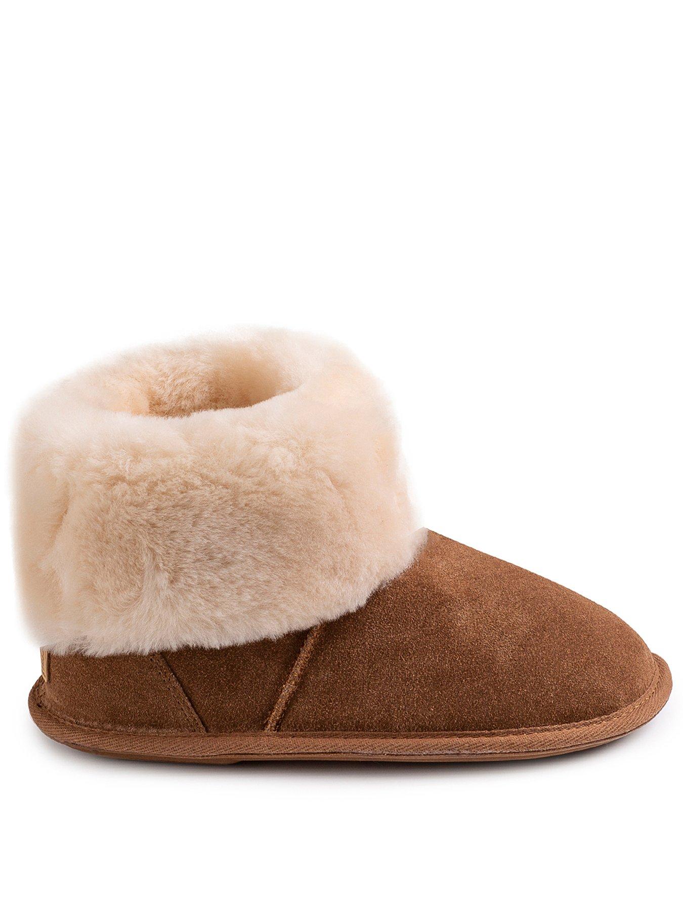Image 1 of 5 of Just Sheepskin Womens Suede Sheepskin Lined Shearling Cuff Slipper Boots - Brown