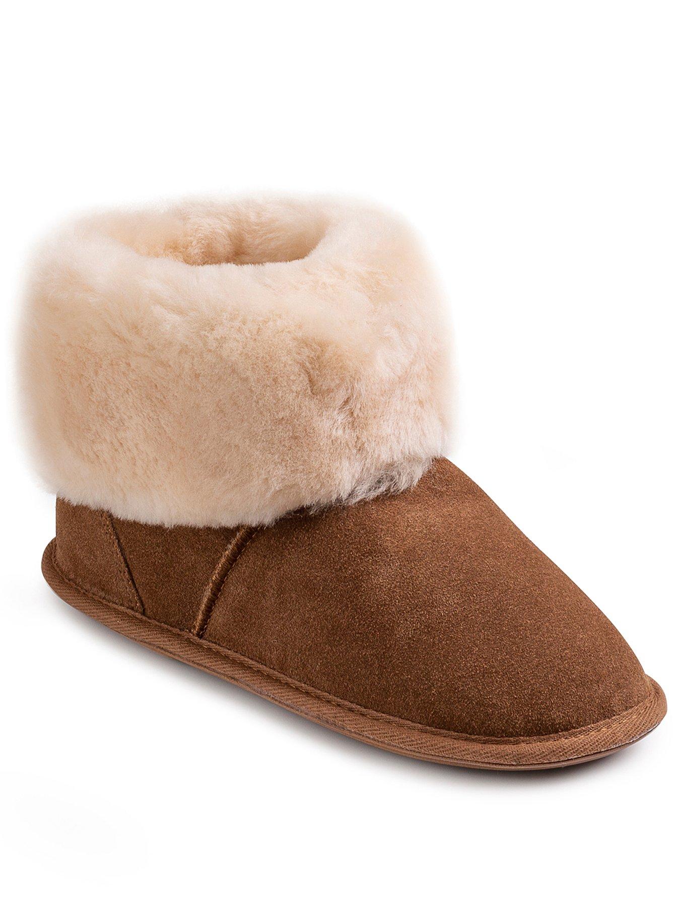 Image 2 of 5 of Just Sheepskin Womens Suede Sheepskin Lined Shearling Cuff Slipper Boots - Brown