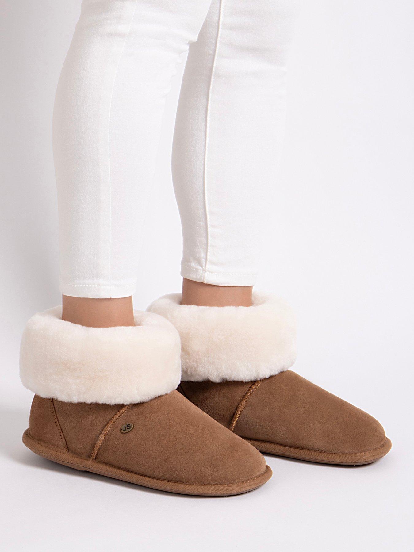 Image 5 of 5 of Just Sheepskin Womens Suede Sheepskin Lined Shearling Cuff Slipper Boots - Brown