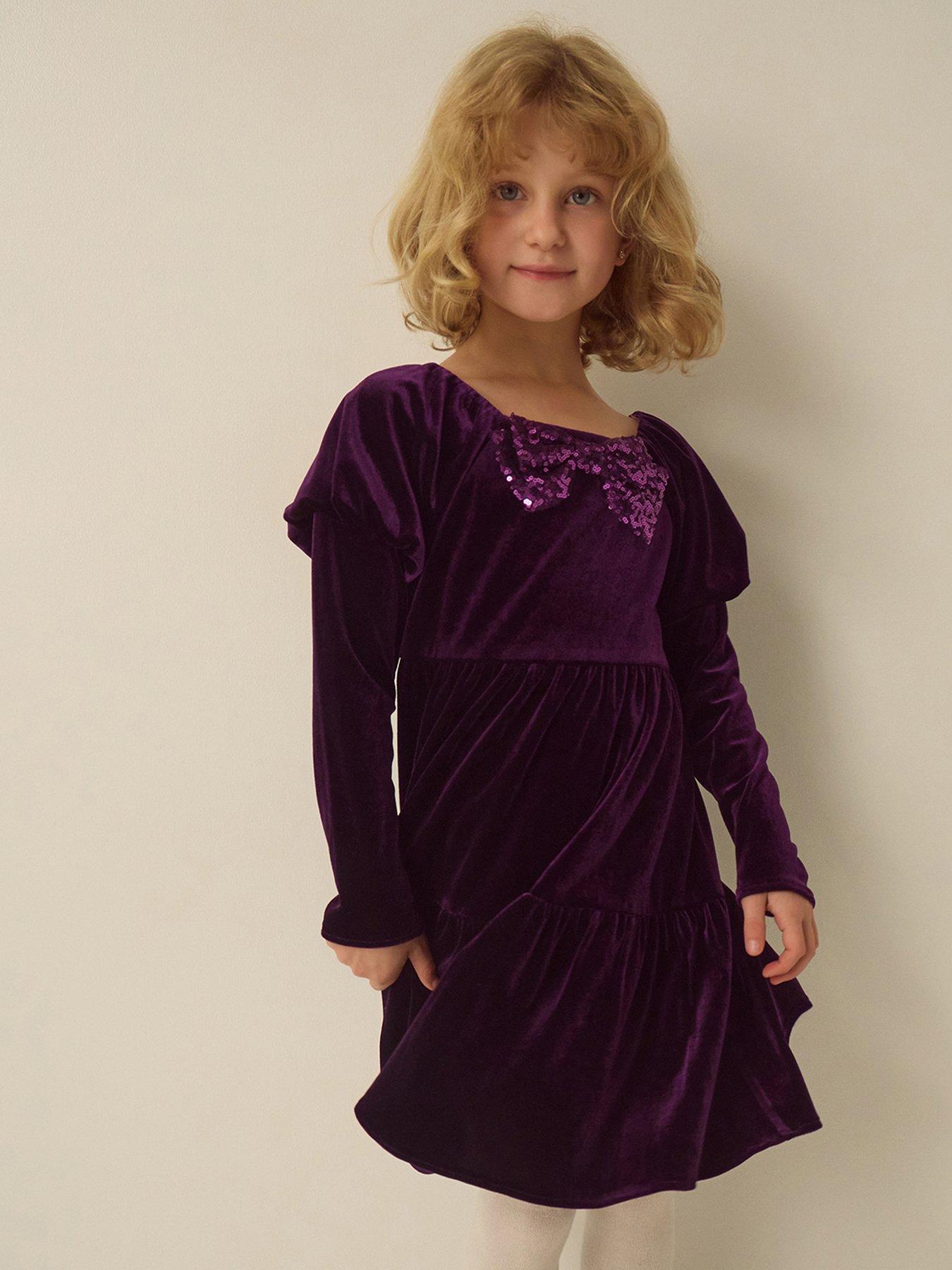 Image 1 of 4 of Monsoon Girls Sequin Bow Tiered Velvet Verna Dress - Purple