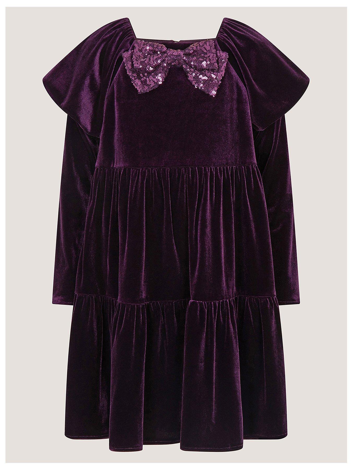 Image 2 of 4 of Monsoon Girls Sequin Bow Tiered Velvet Verna Dress - Purple