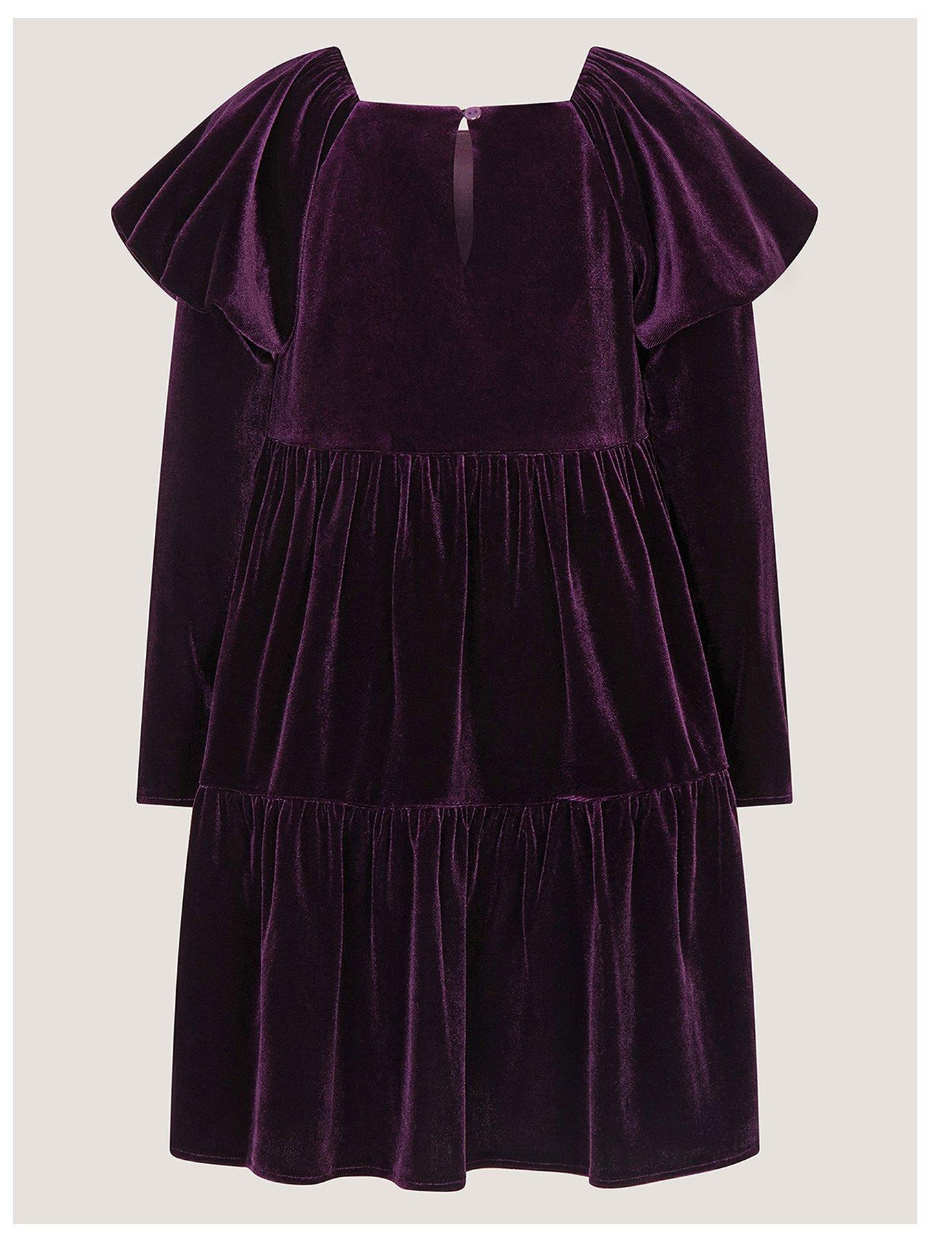Image 3 of 4 of Monsoon Girls Sequin Bow Tiered Velvet Verna Dress - Purple