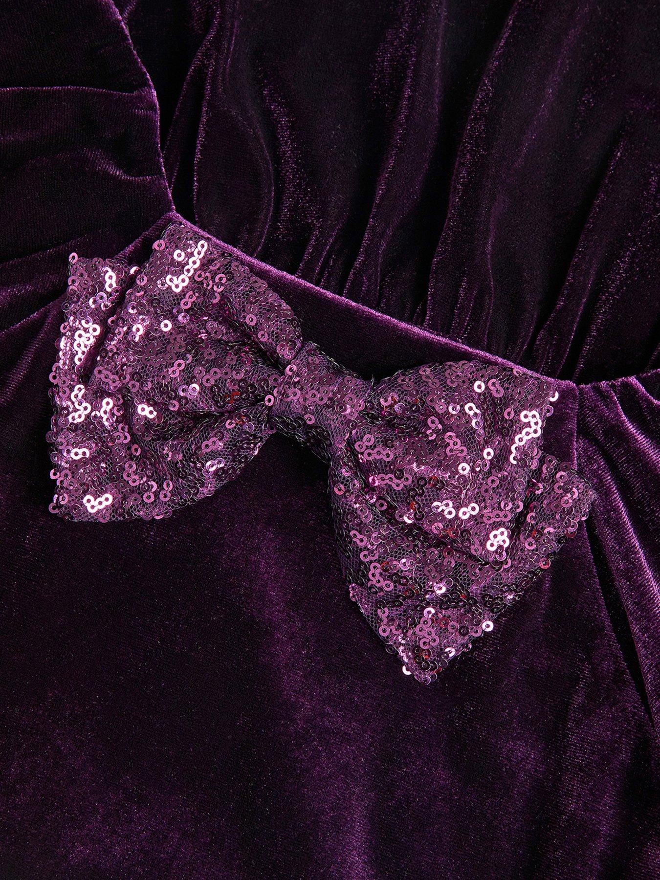 Image 4 of 4 of Monsoon Girls Sequin Bow Tiered Velvet Verna Dress - Purple