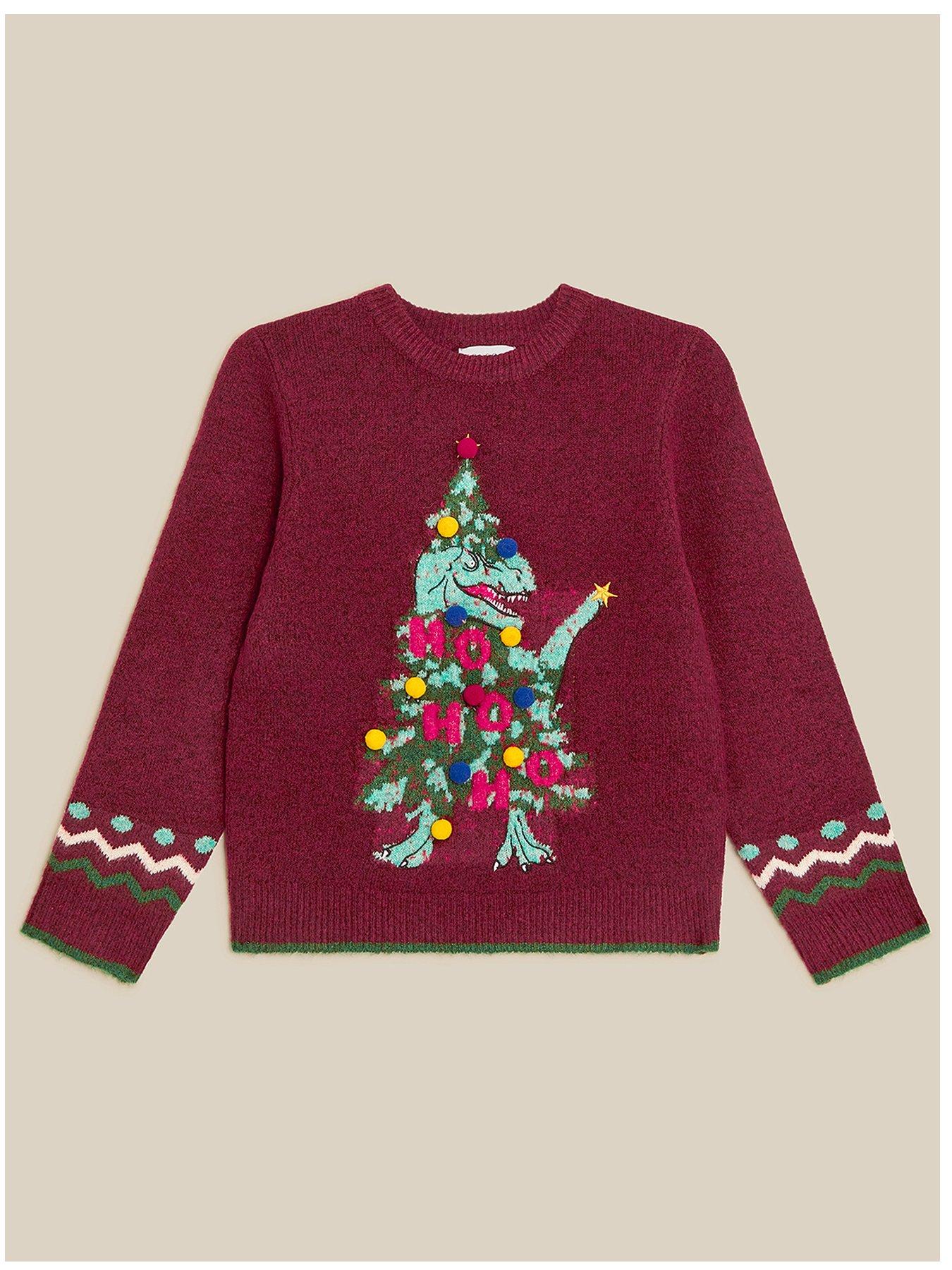 Image 1 of 3 of Monsoon Boys Christmas Dino Pom Jumper - Dark Red
