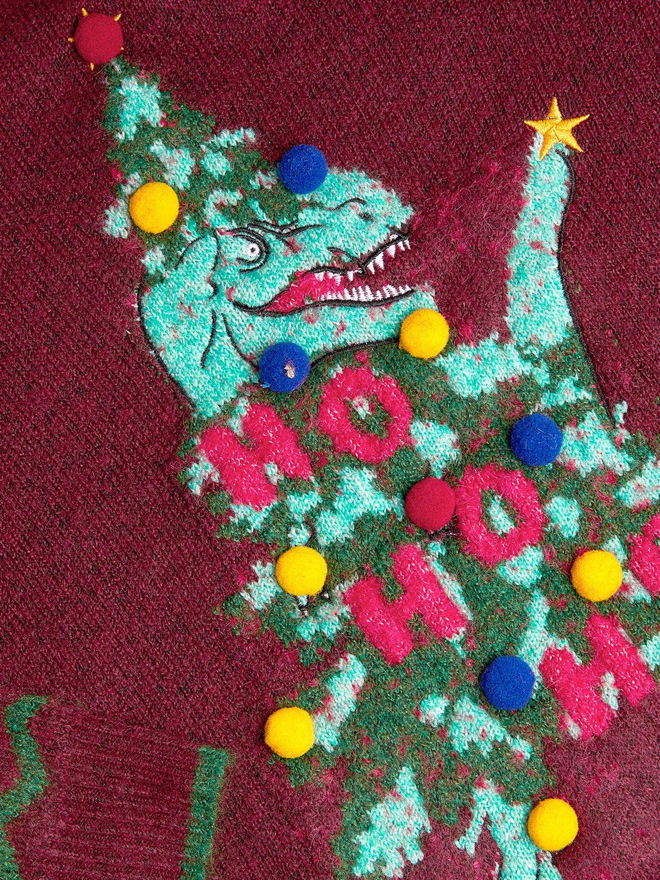Image 3 of 3 of Monsoon Boys Christmas Dino Pom Jumper - Dark Red