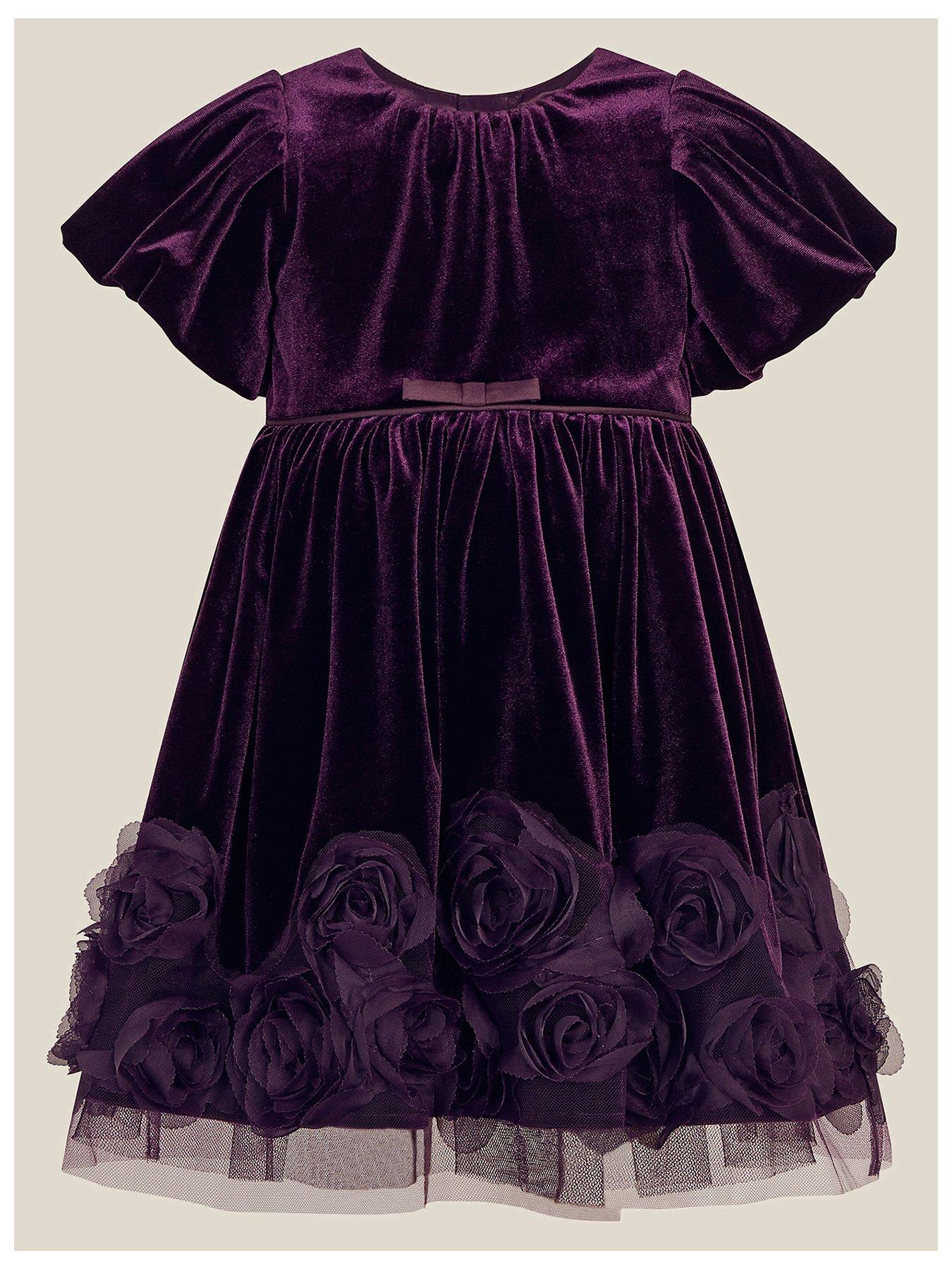 Image 1 of 3 of Monsoon Girls Adelyn Rose Velvet Puff Sleeve Dress - Purple