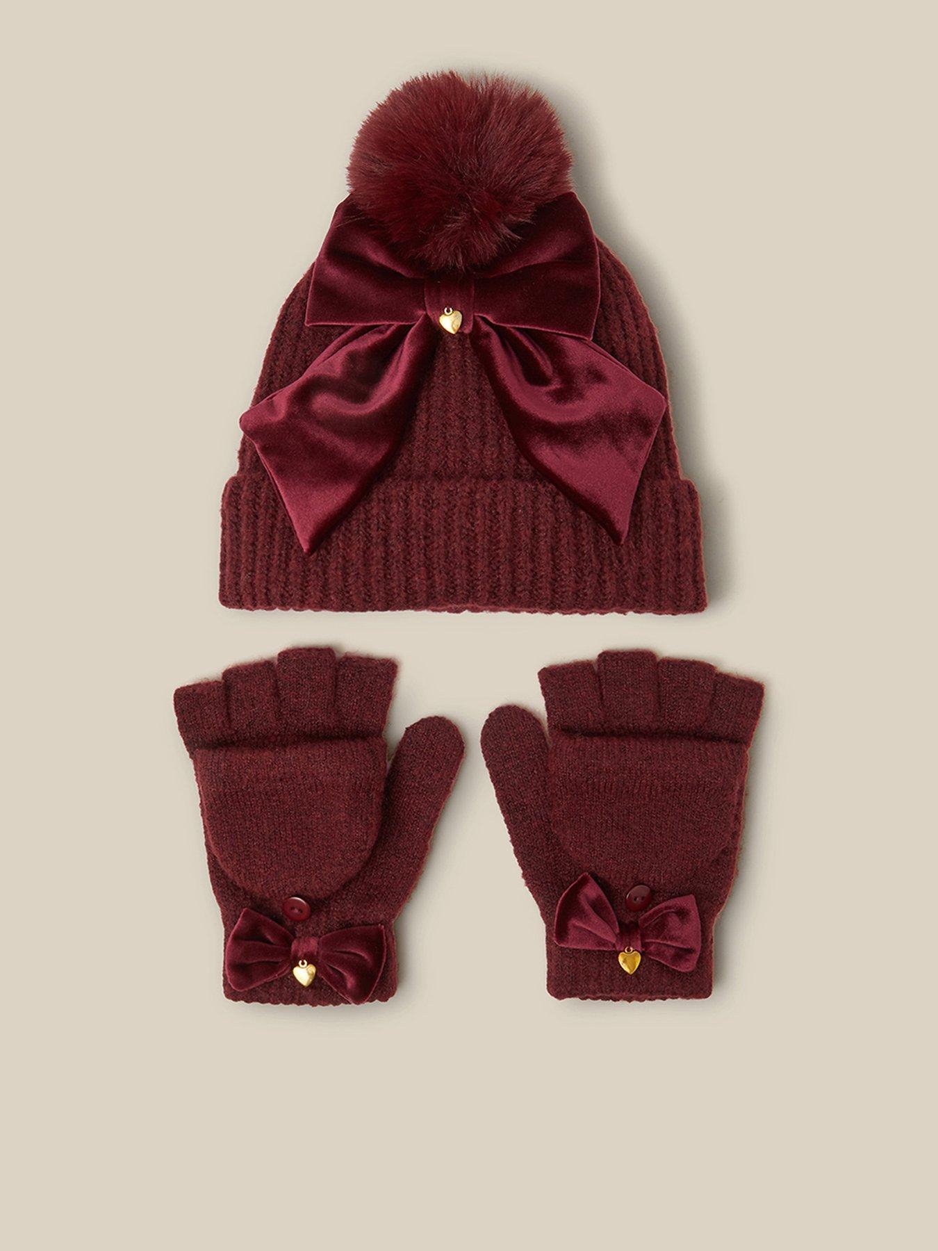 Image 1 of 3 of Monsoon Girls Bow Trim Soft Knit Hat and Gloves Set - Dark Red