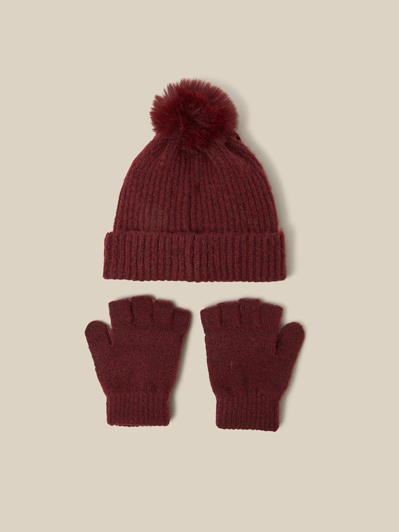 Image 2 of 3 of Monsoon Girls Bow Trim Soft Knit Hat and Gloves Set - Dark Red