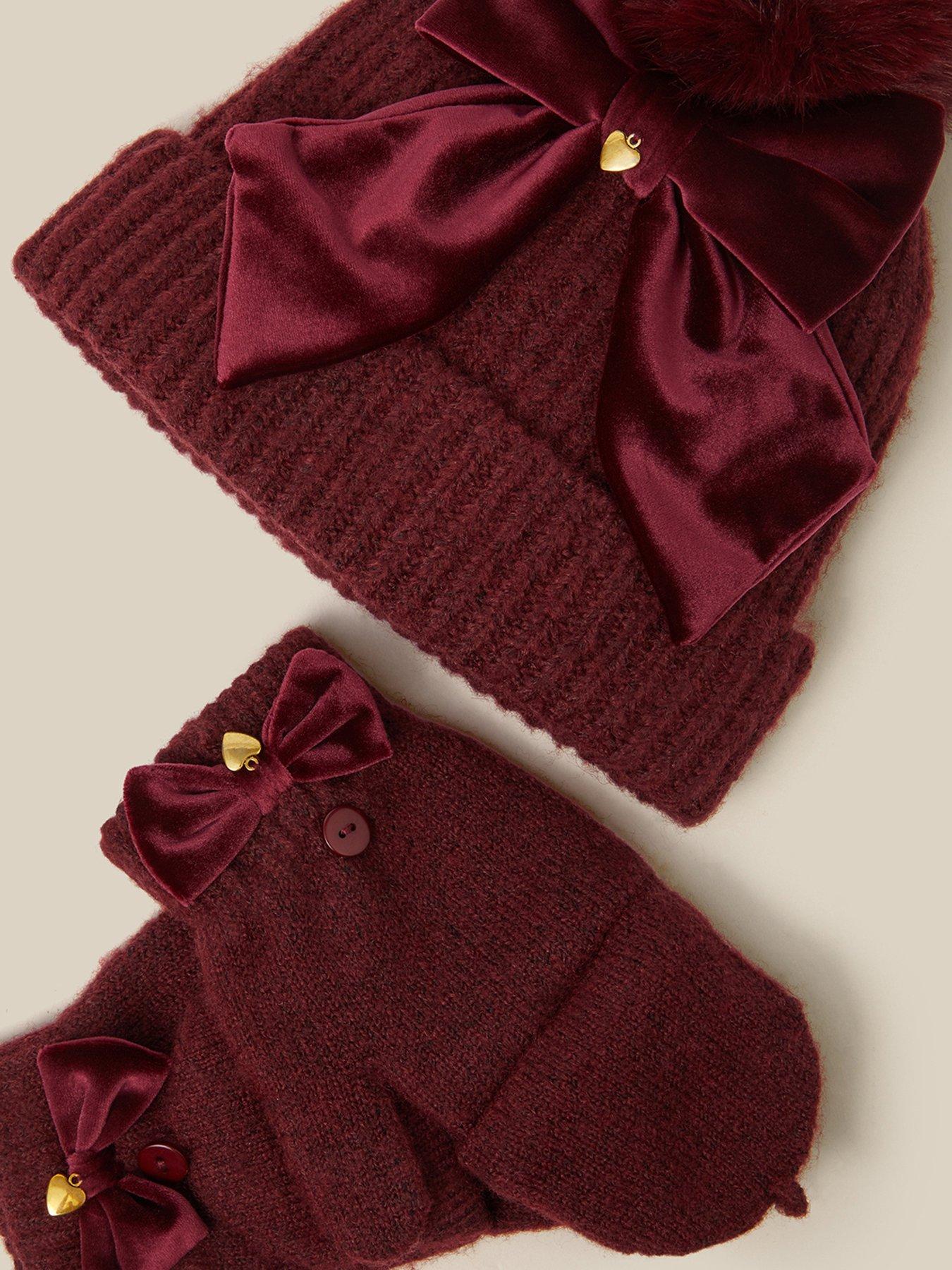 Image 3 of 3 of Monsoon Girls Bow Trim Soft Knit Hat and Gloves Set - Dark Red