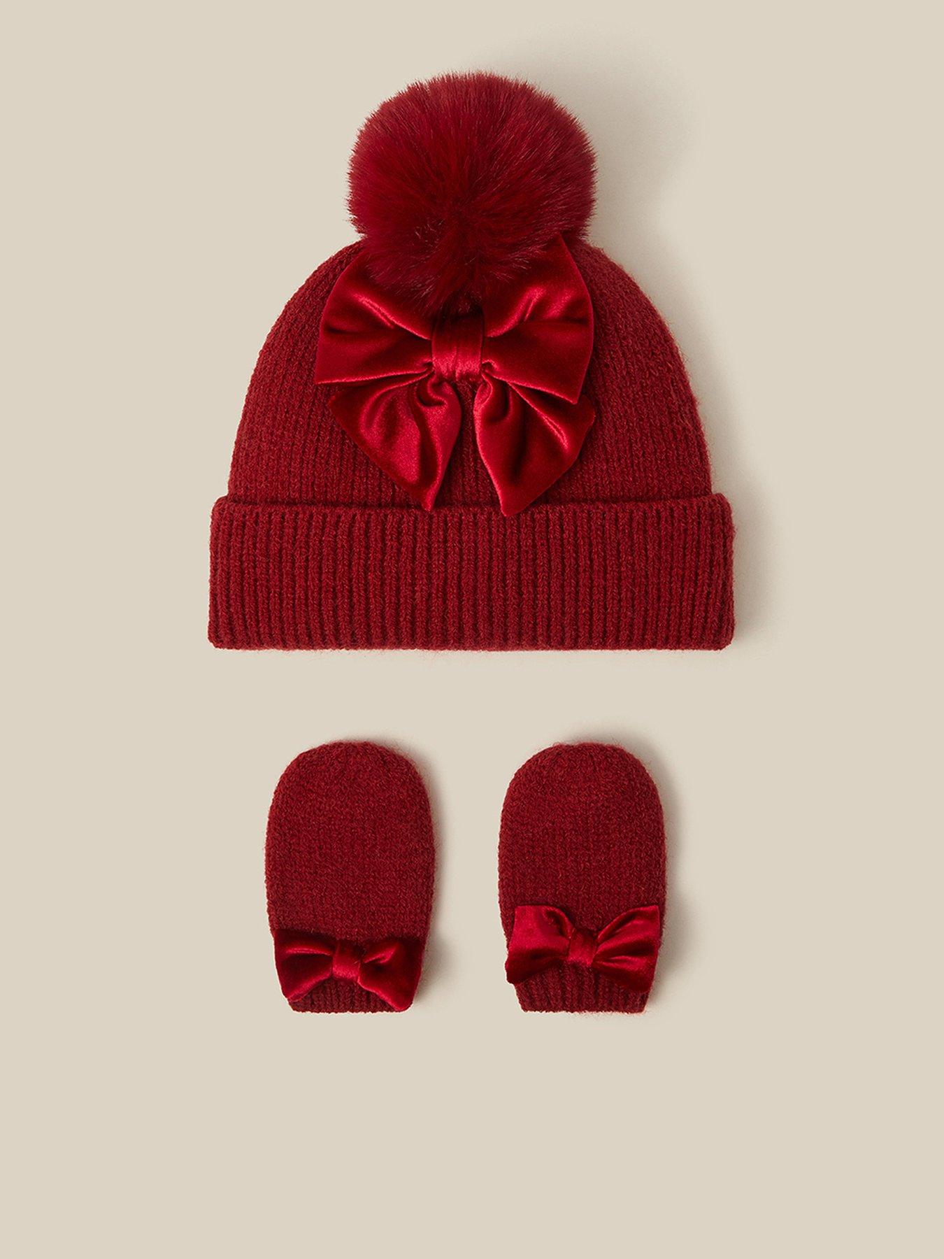 Image 1 of 3 of Monsoon Baby Girls Bow Pom Hat and Mittens Set - Red