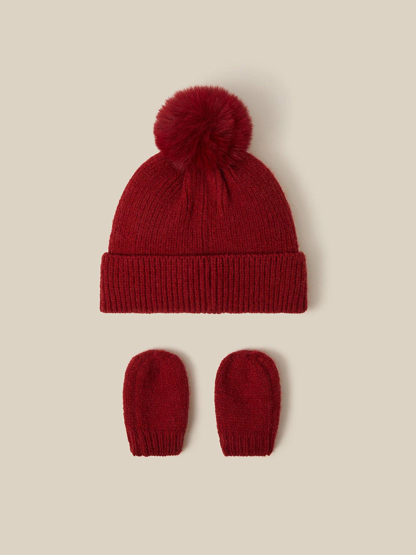 Image 2 of 3 of Monsoon Baby Girls Bow Pom Hat and Mittens Set - Red