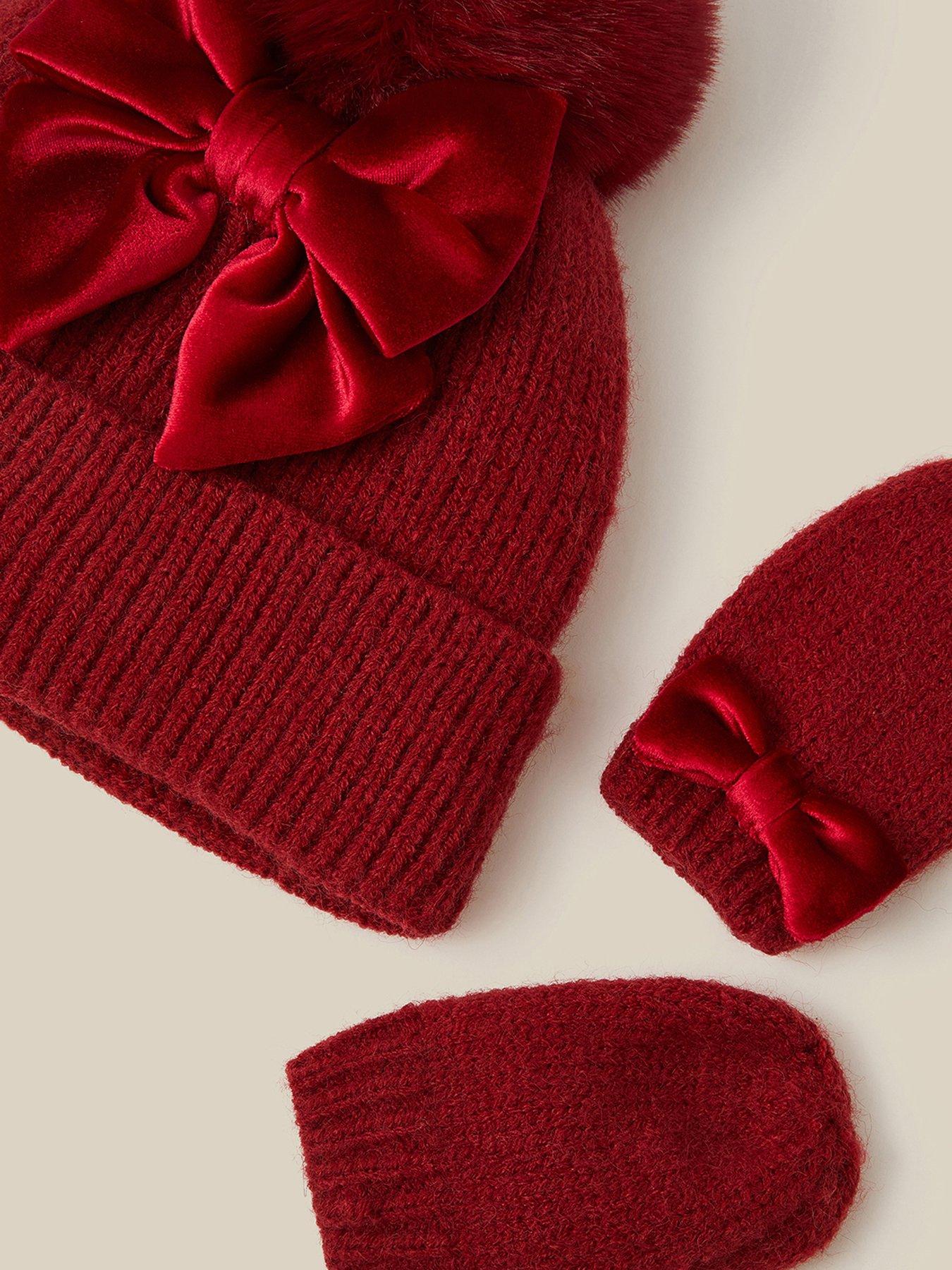 Image 3 of 3 of Monsoon Baby Girls Bow Pom Hat and Mittens Set - Red