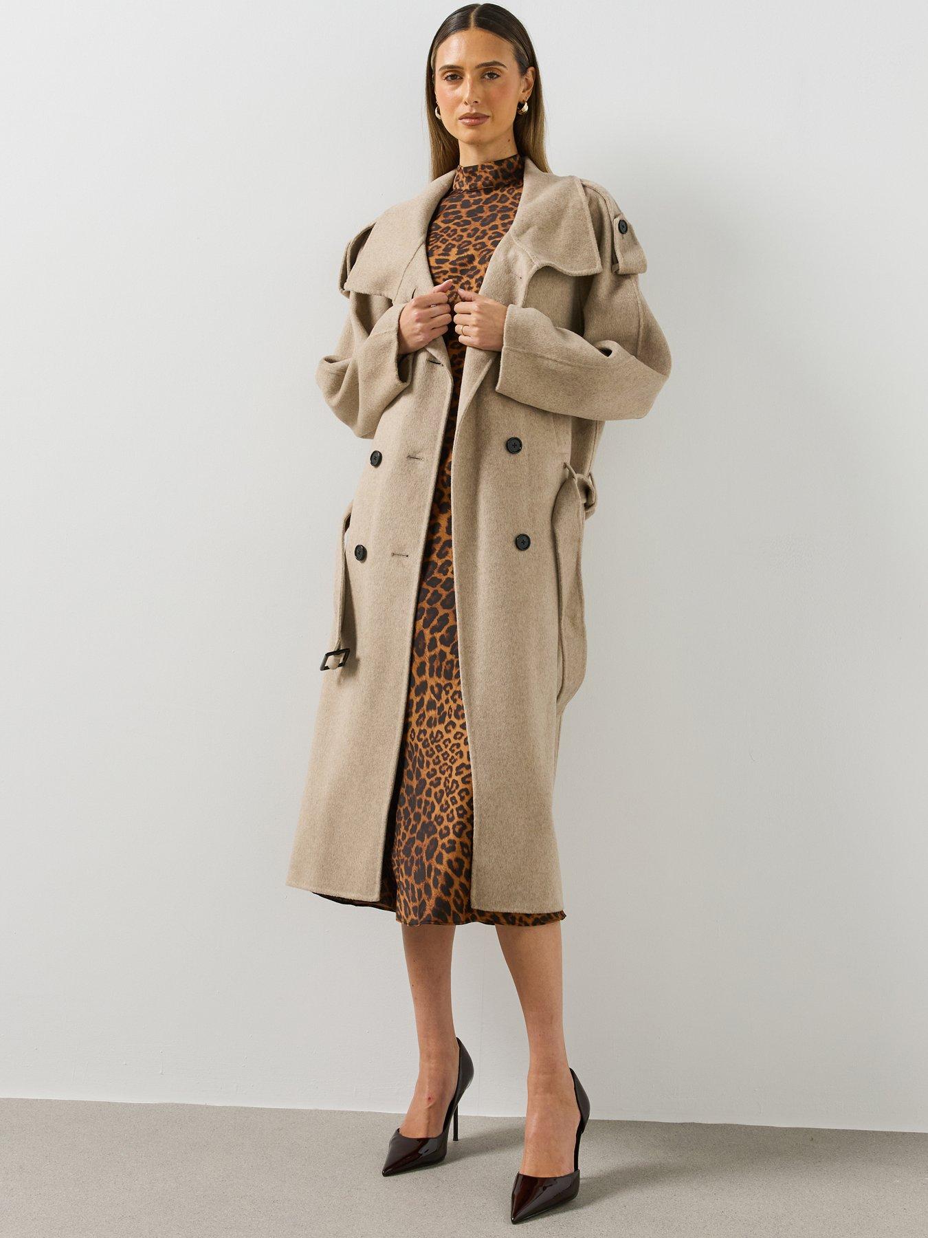 Image 1 of 6 of Mango Womens Loren Belted Funnel Neck Coat - Beige