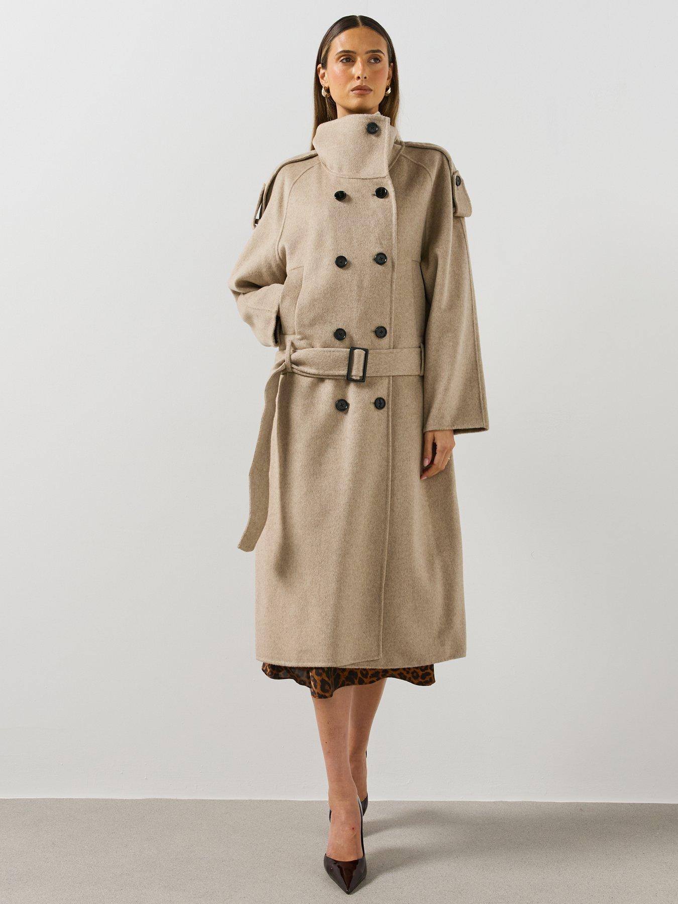 Image 3 of 6 of Mango Womens Loren Belted Funnel Neck Coat - Beige