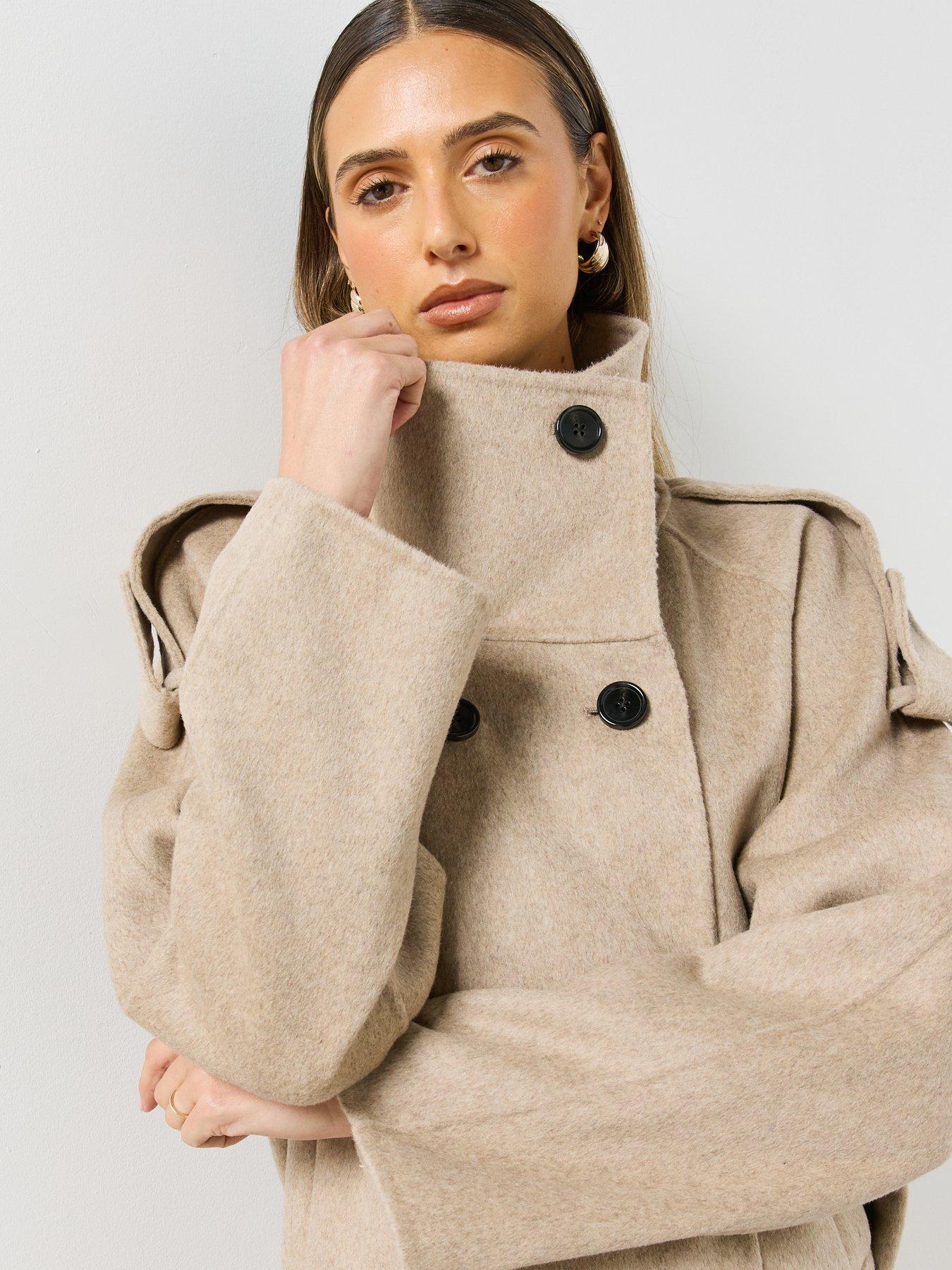 Image 5 of 6 of Mango Womens Loren Belted Funnel Neck Coat - Beige