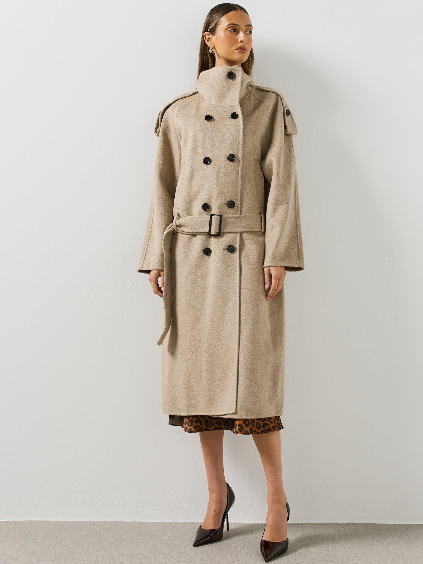 Image 6 of 6 of Mango Womens Loren Belted Funnel Neck Coat - Beige