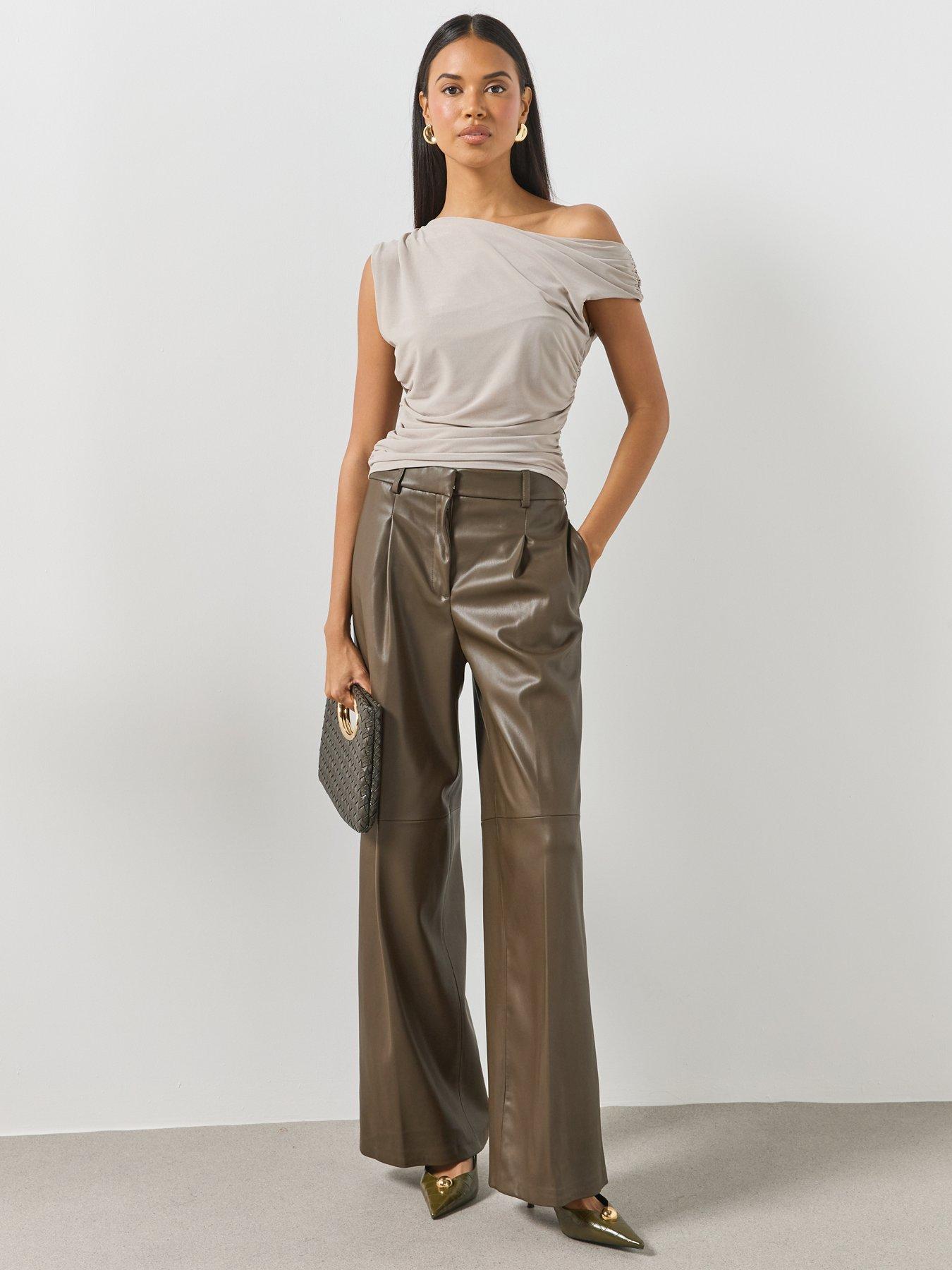 Image 3 of 6 of Mango Wide Leg Faux Leather Trousers - Brown