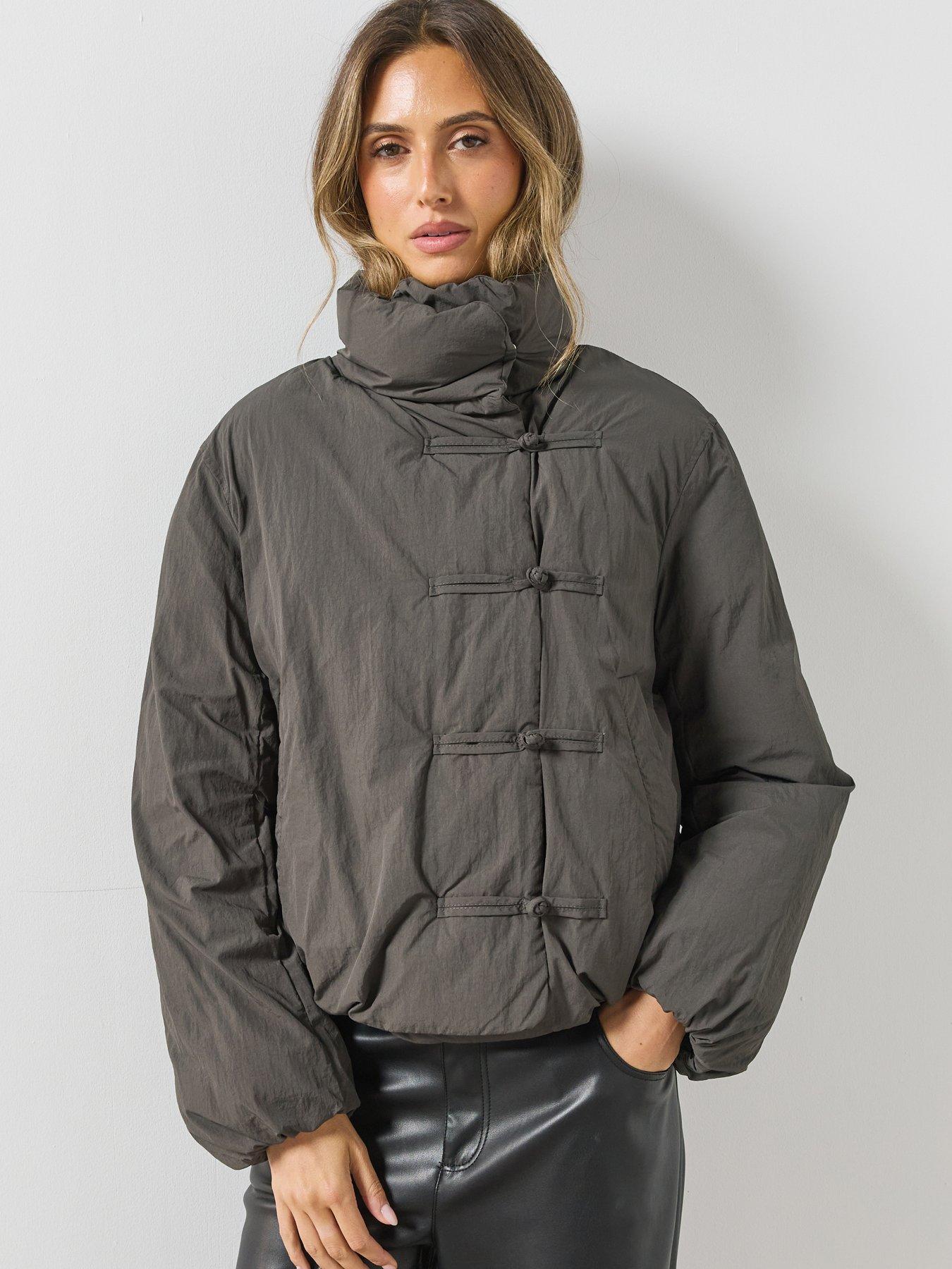 Image 1 of 5 of Mango Womens Toggle Fastening Funnel Neck Padded Anorak - Grey