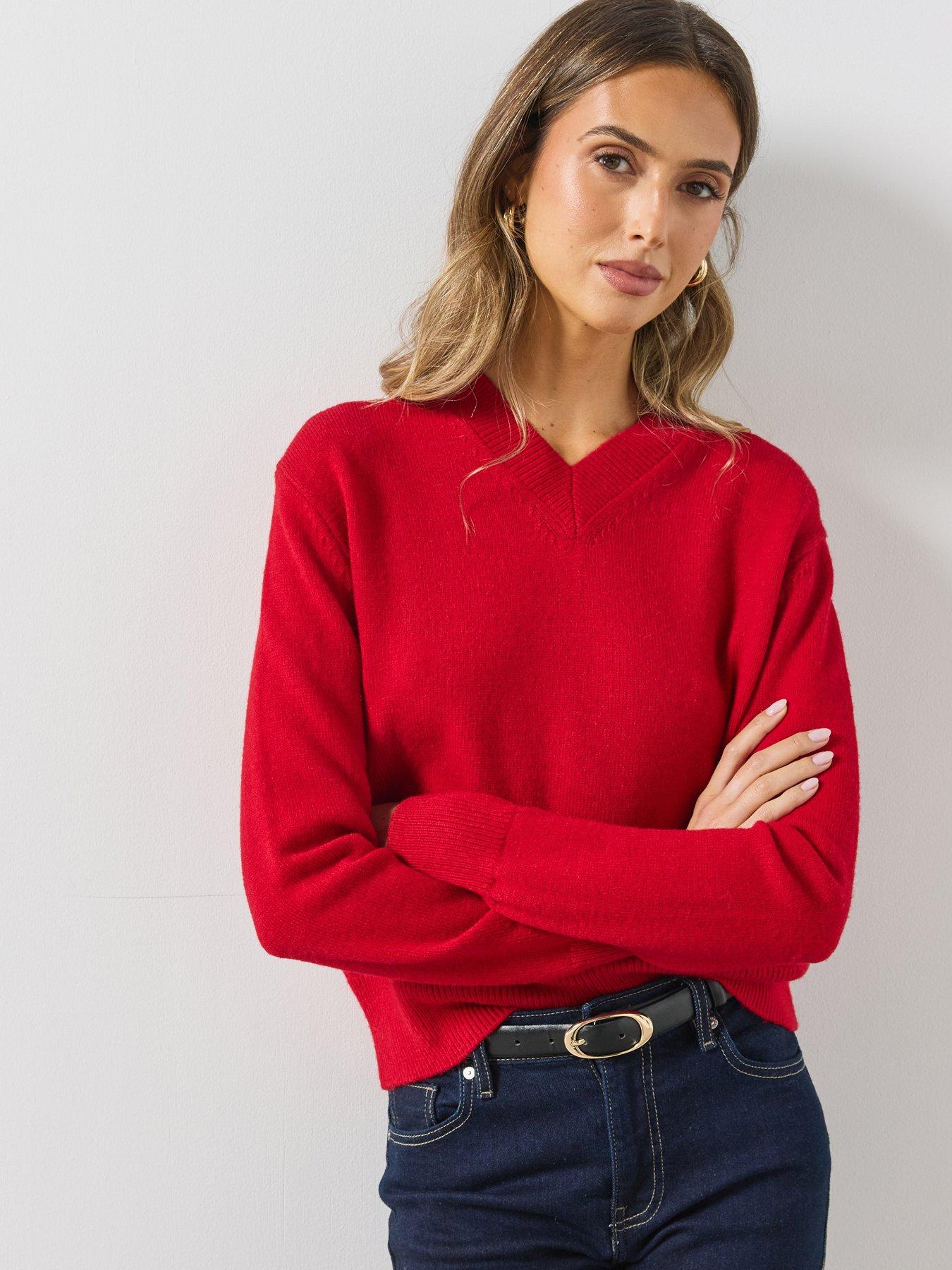 Image 1 of 6 of Mango V-neck Knit Sweater - Red