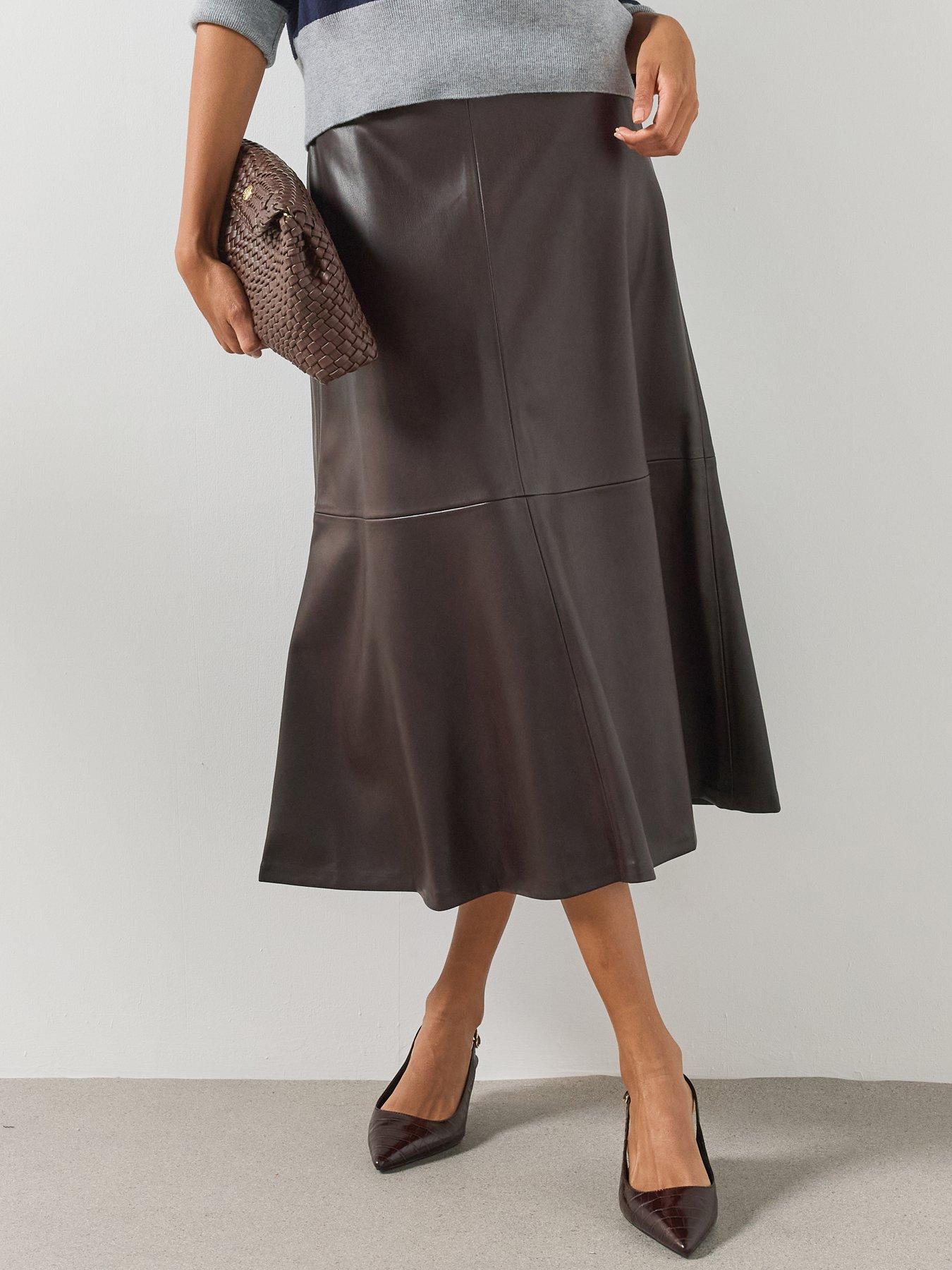 Image 1 of 6 of Mango Midi Flared Faux Leather Skirt - Brown