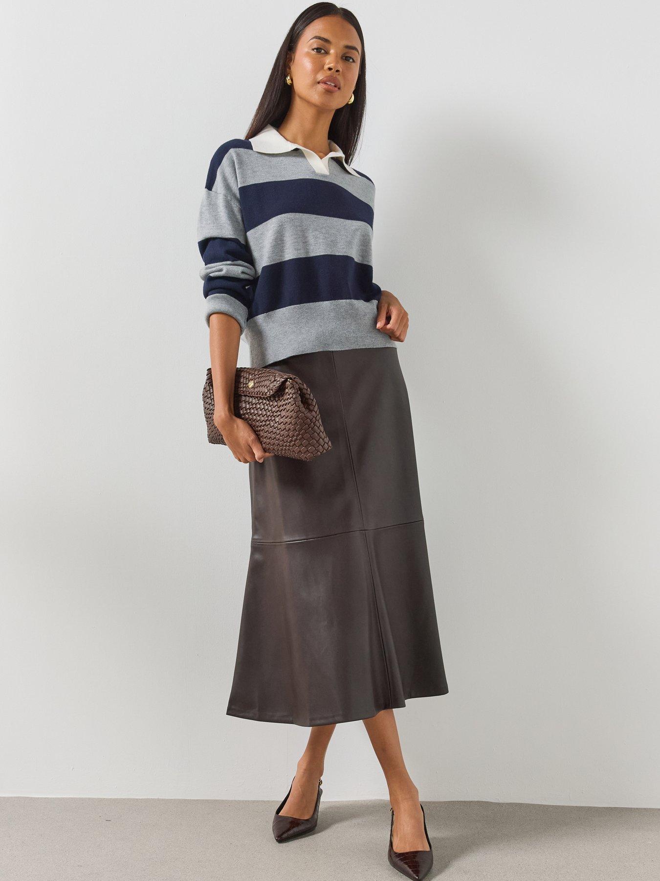 Image 5 of 6 of Mango Midi Flared Faux Leather Skirt - Brown