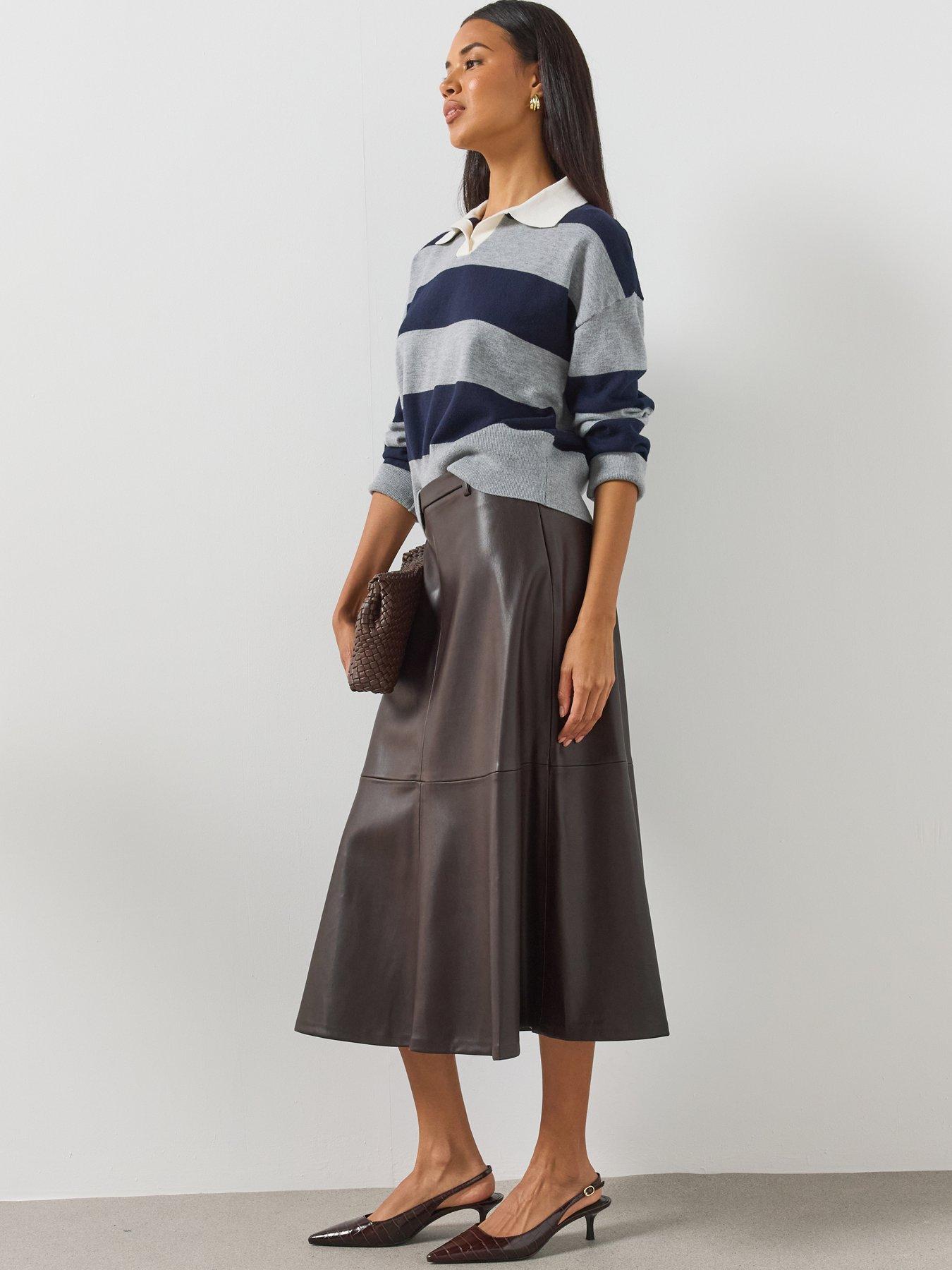 Image 6 of 6 of Mango Midi Flared Faux Leather Skirt - Brown