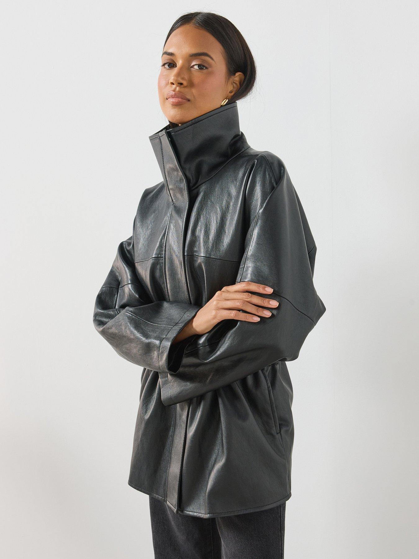 Mango Faux Leather Funnel Neck Jacket - Black