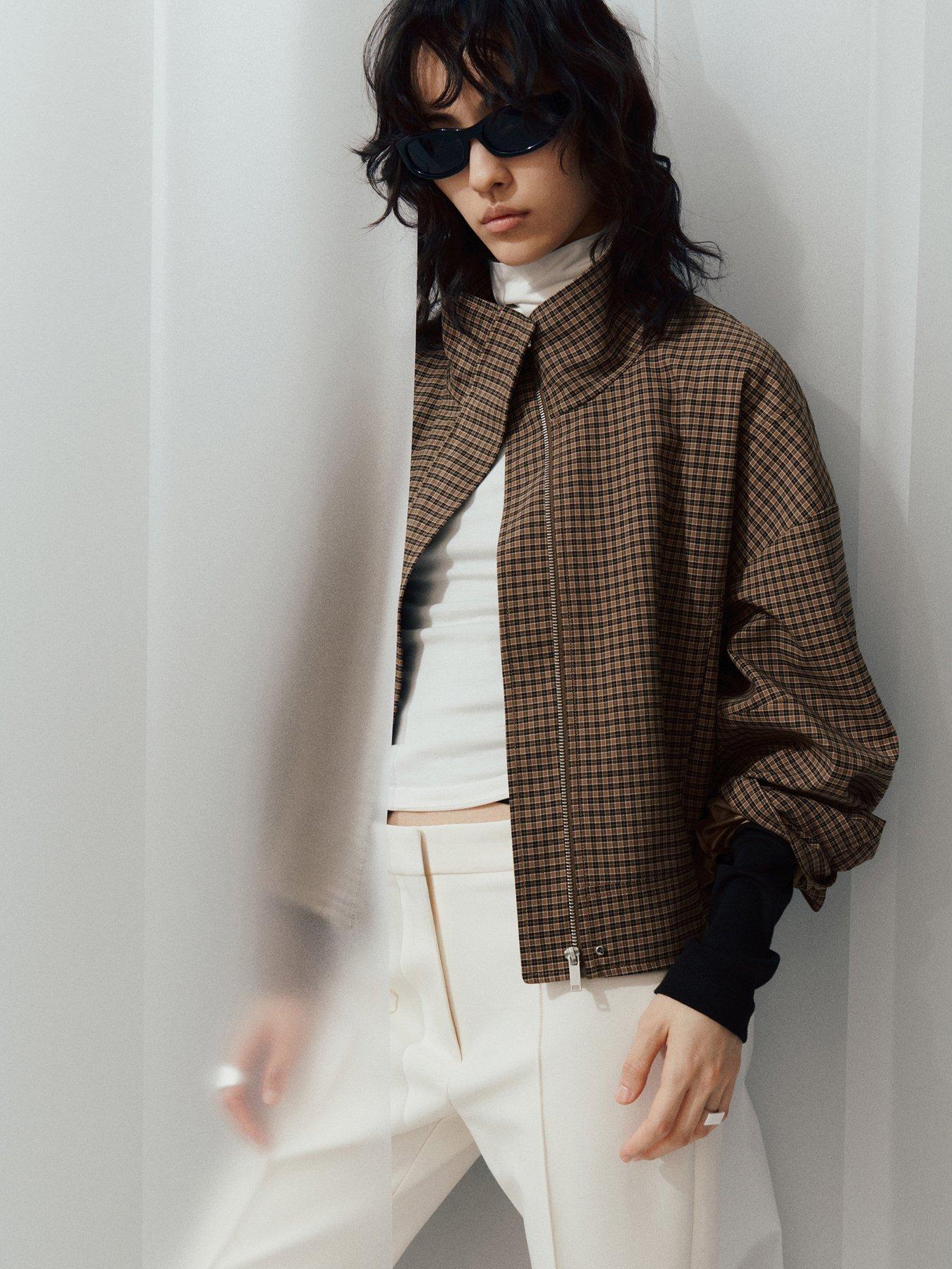 Image 1 of 6 of Mango Mango Womens Funnel Neck Zip-Through Checked Jacket - Brown