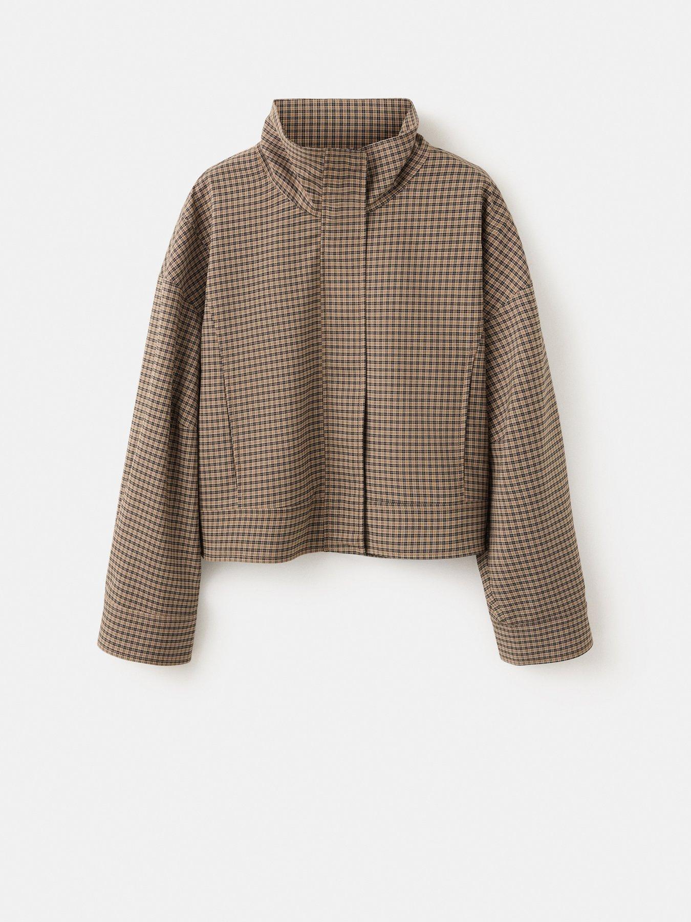 Image 5 of 6 of Mango Mango Womens Funnel Neck Zip-Through Checked Jacket - Brown