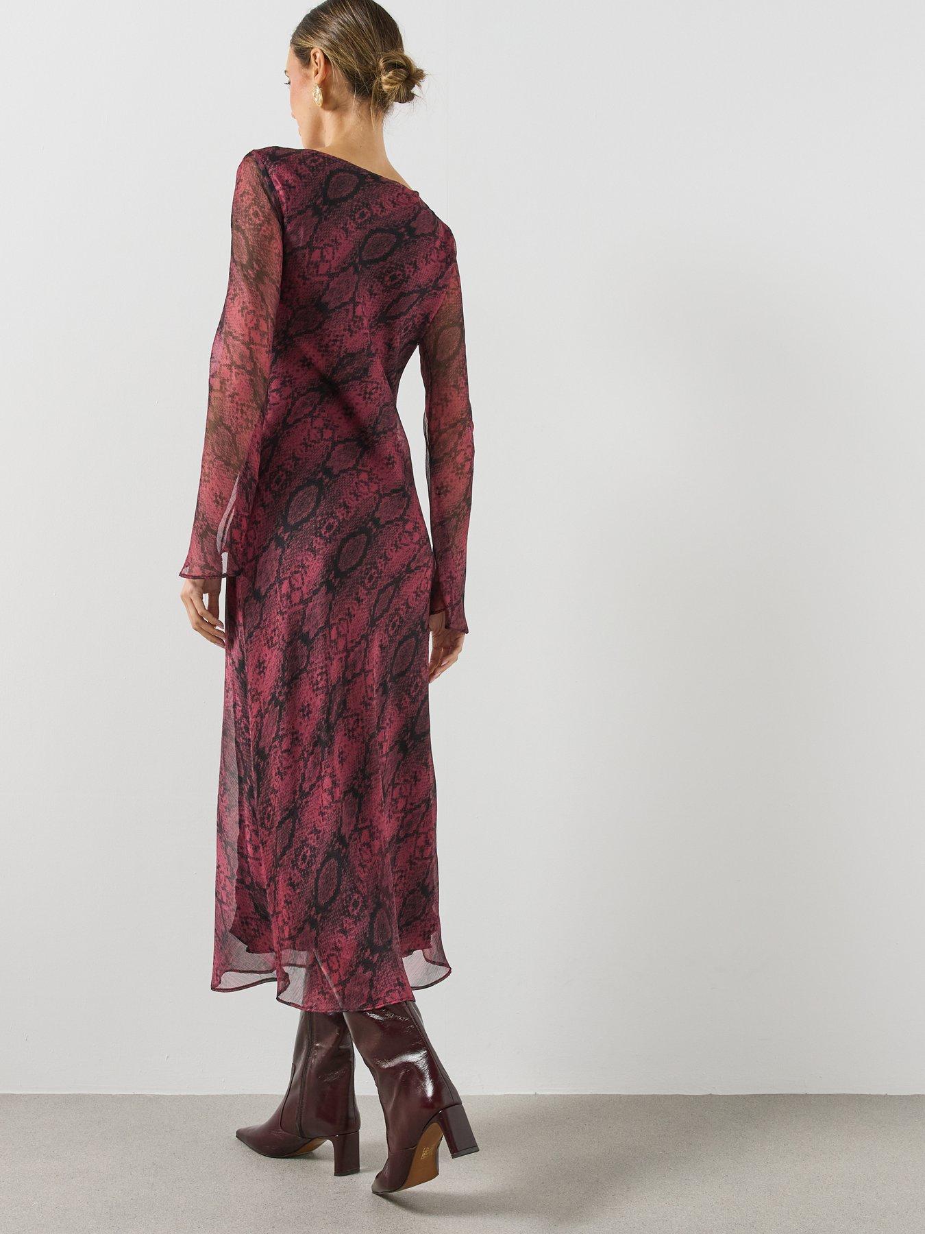 Image 2 of 6 of Mango Womens Alegrab Snake-Effect Sheer Fluted Sleeve Maxi Dress - Pink