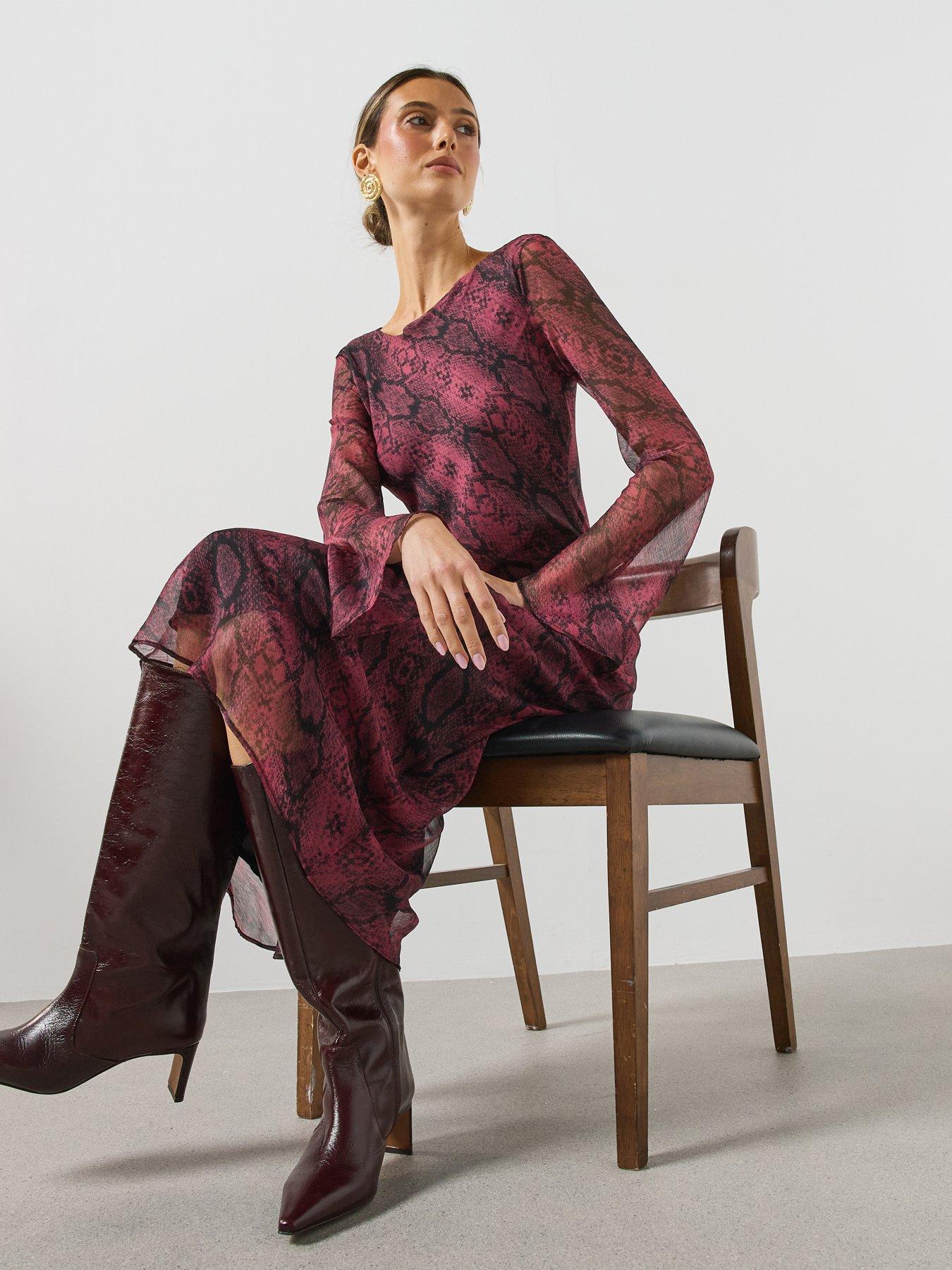 Image 3 of 6 of Mango Womens Alegrab Snake-Effect Sheer Fluted Sleeve Maxi Dress - Pink