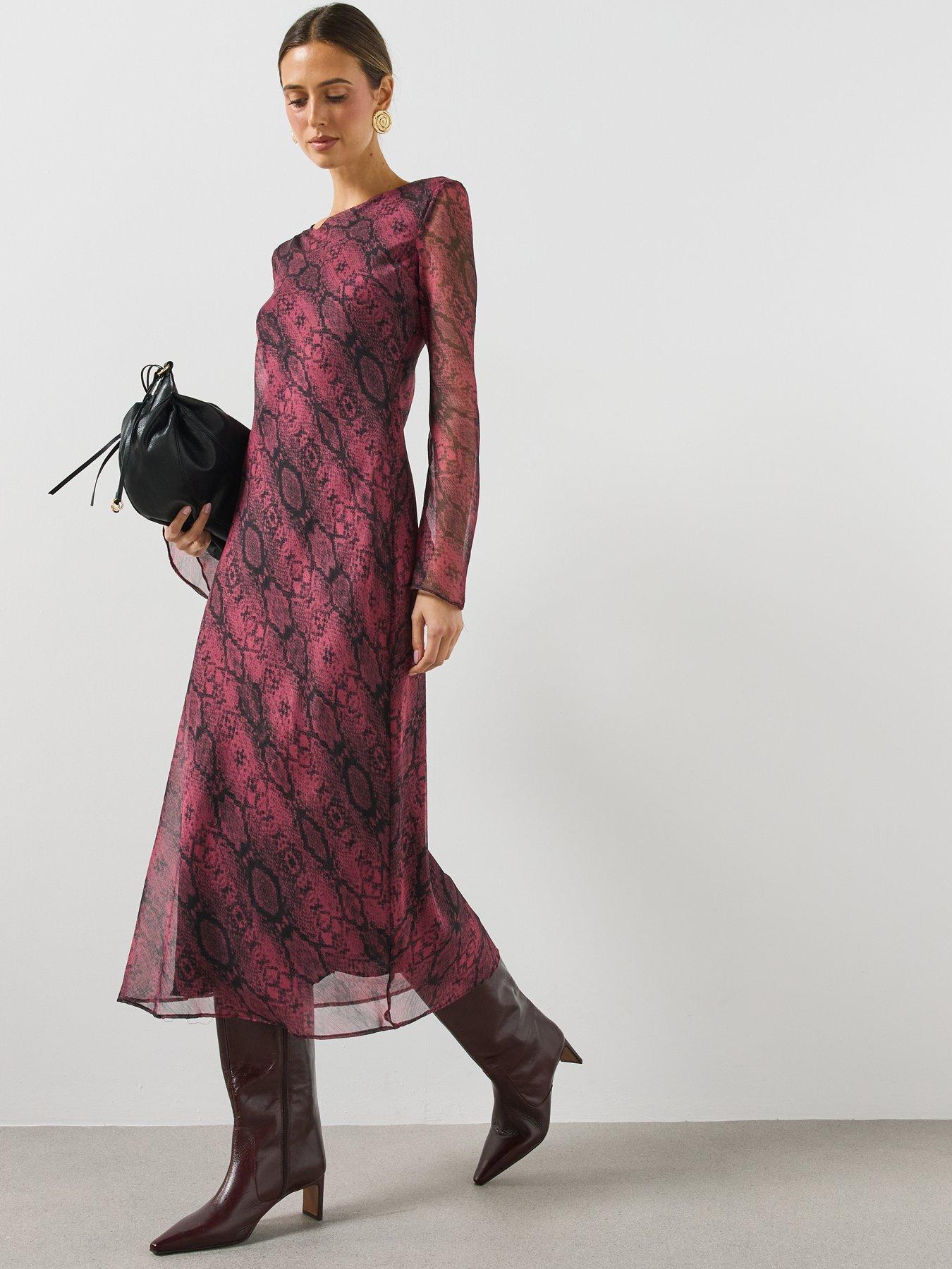 Image 6 of 6 of Mango Womens Alegrab Snake-Effect Sheer Fluted Sleeve Maxi Dress - Pink