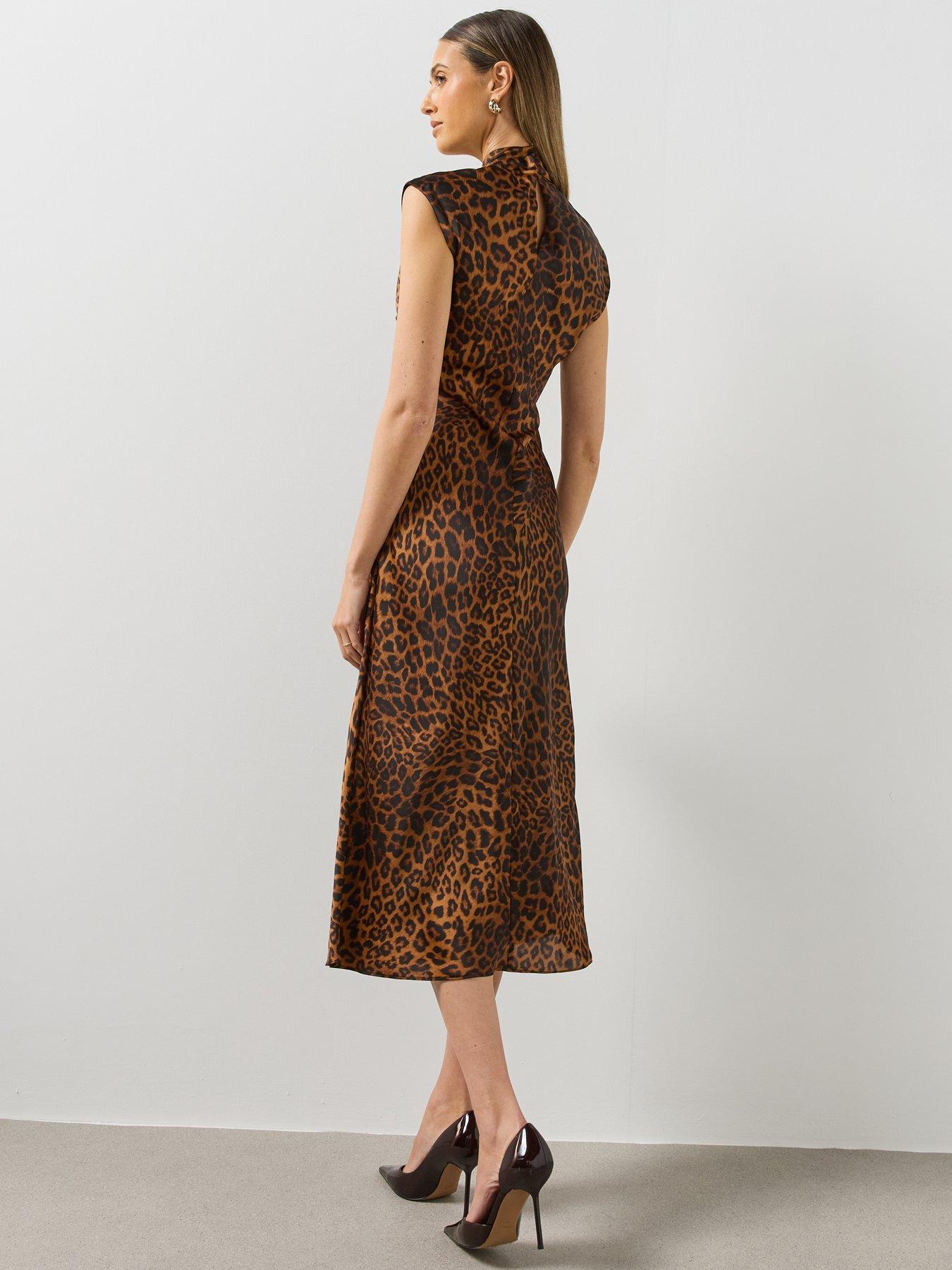 Image 2 of 6 of Mango Womens Leopard Print High Neck Midi Dress - Brown
