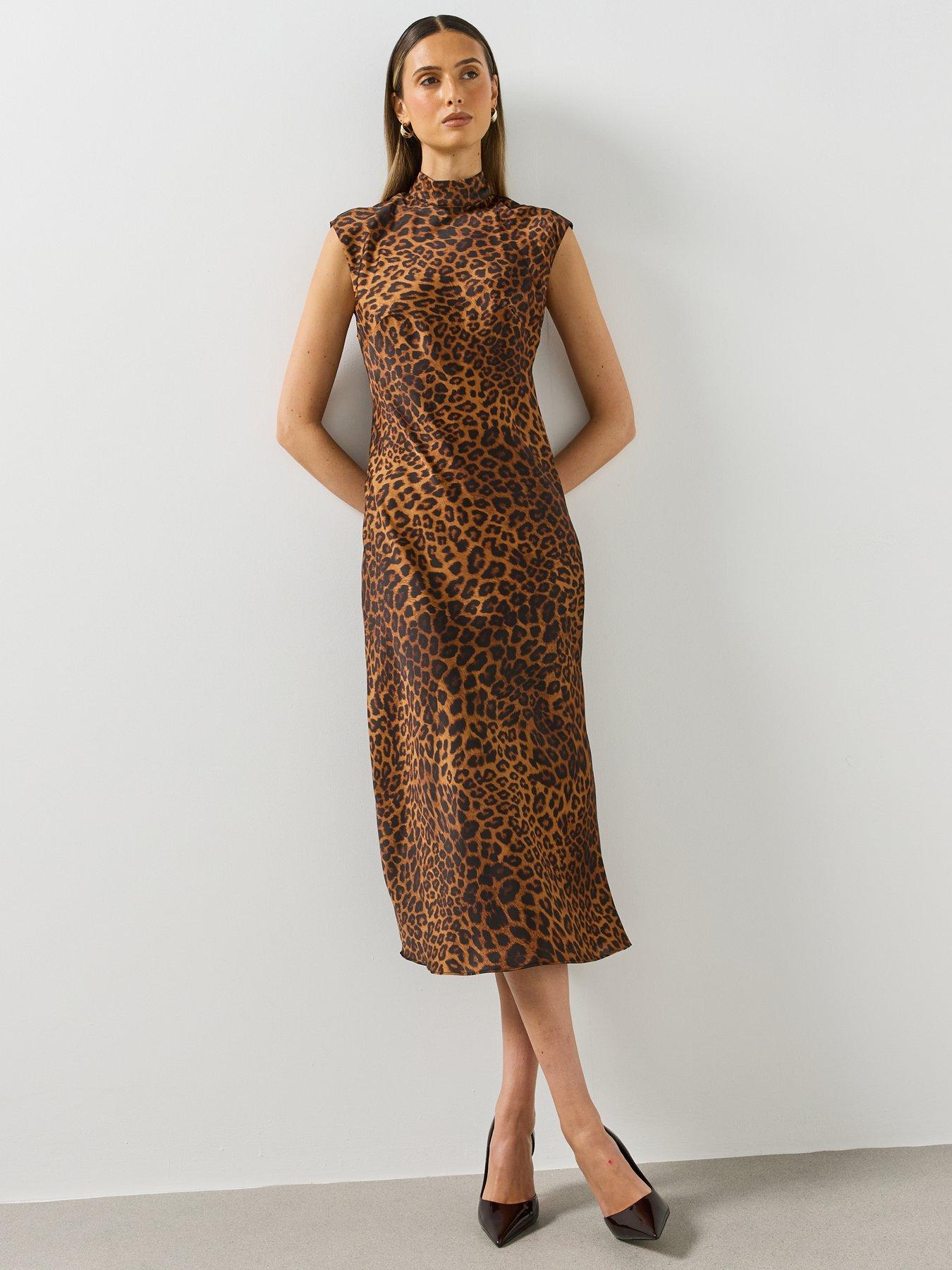 Image 6 of 6 of Mango Womens Leopard Print High Neck Midi Dress - Brown