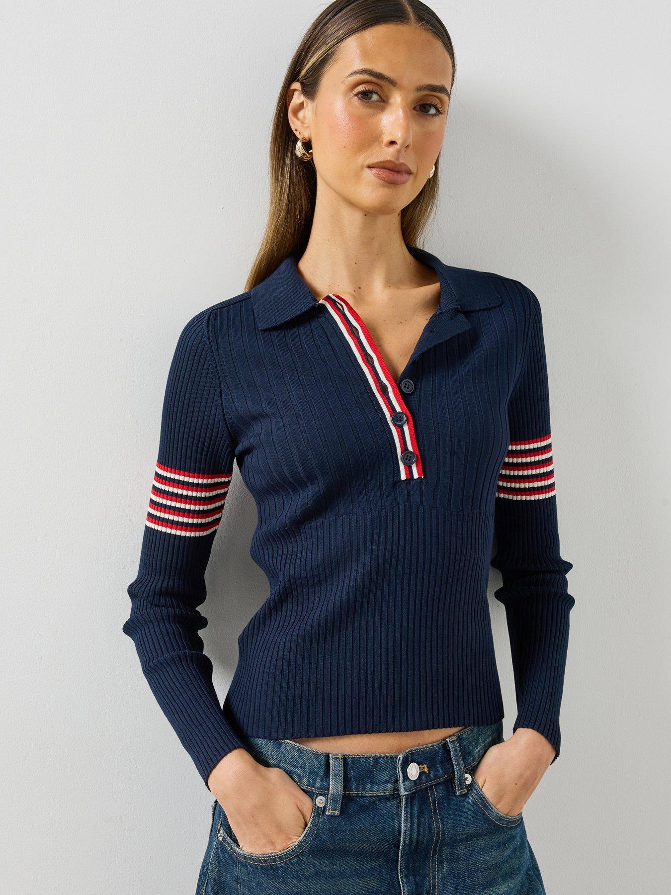 Image 1 of 5 of Mango Womens Polo Collar Ribbed Contrast Stripe Jumper - Navy