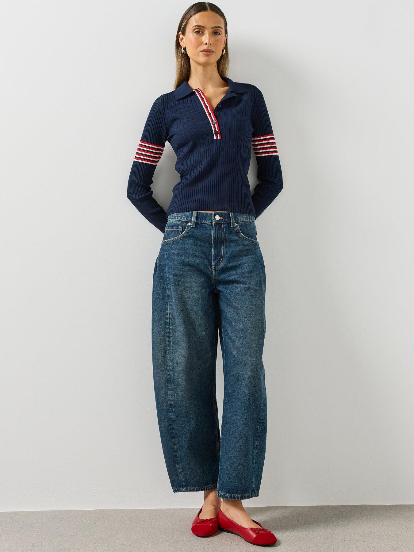 Image 3 of 5 of Mango Womens Polo Collar Ribbed Contrast Stripe Jumper - Navy