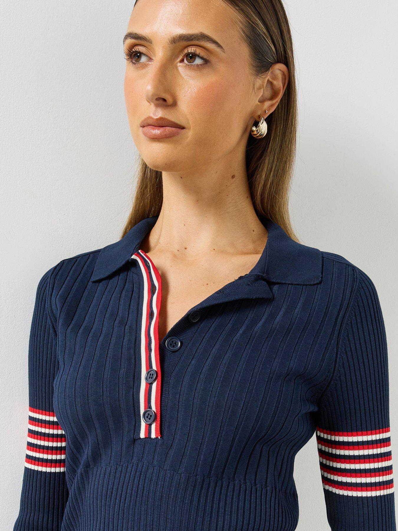 Image 4 of 5 of Mango Womens Polo Collar Ribbed Contrast Stripe Jumper - Navy