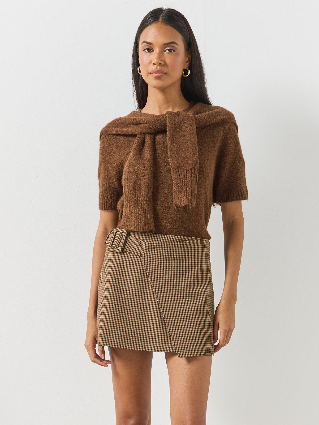 Image 4 of 6 of Mango Houndstooth Buckle Skirt - Brown