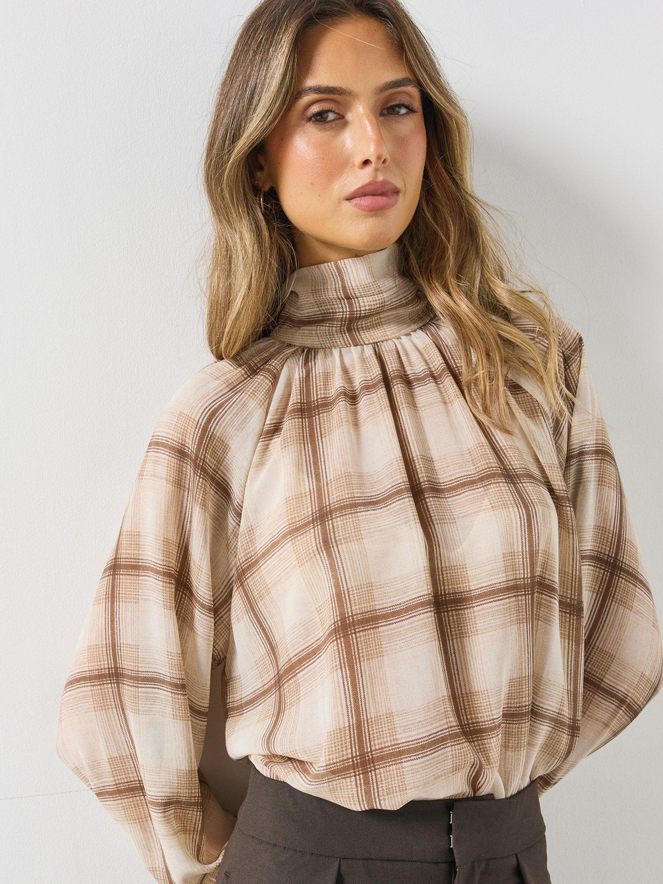 Image 1 of 5 of Mango Womens Check High Neck Flowy Blouse - Brown