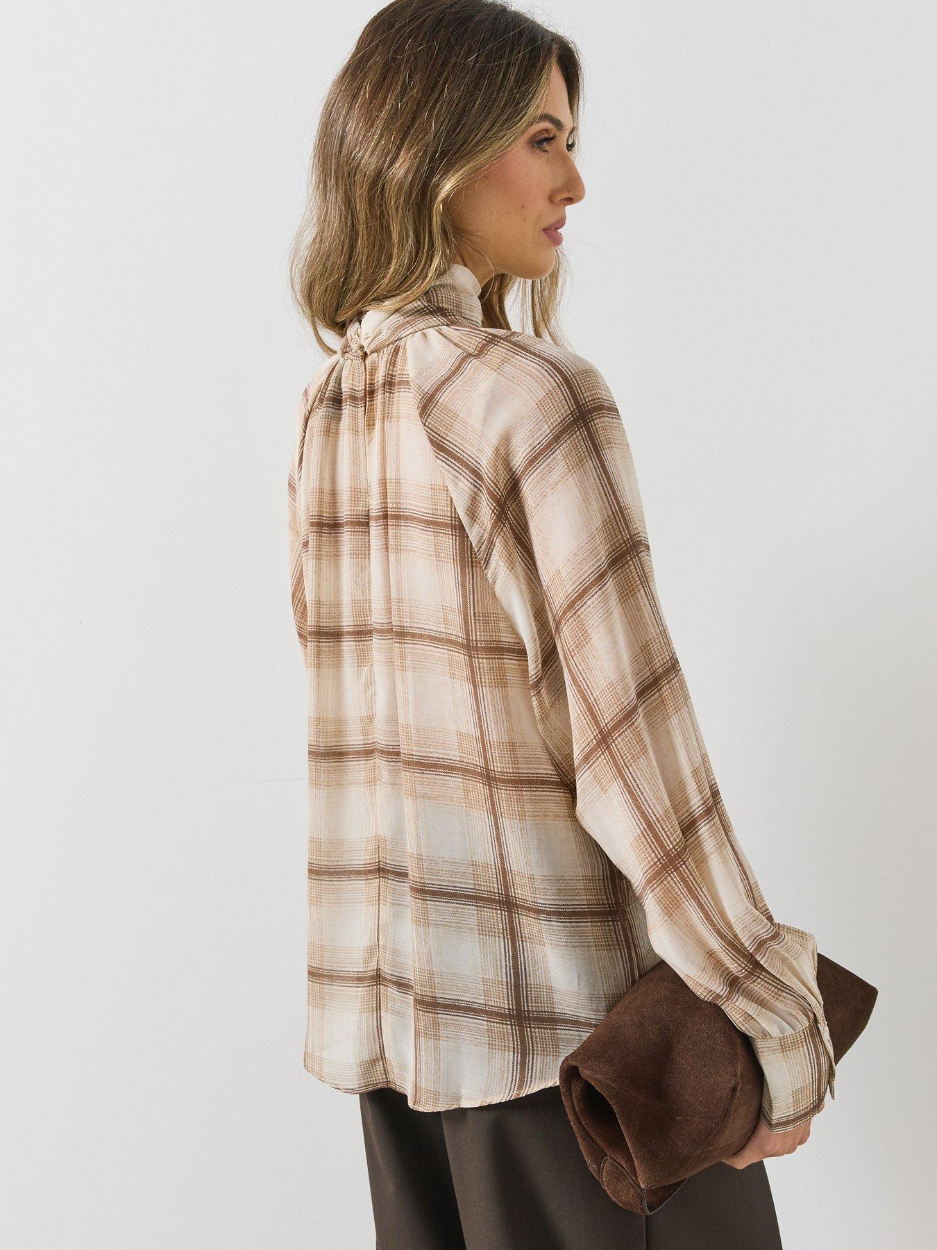 Image 2 of 5 of Mango Womens Check High Neck Flowy Blouse - Brown