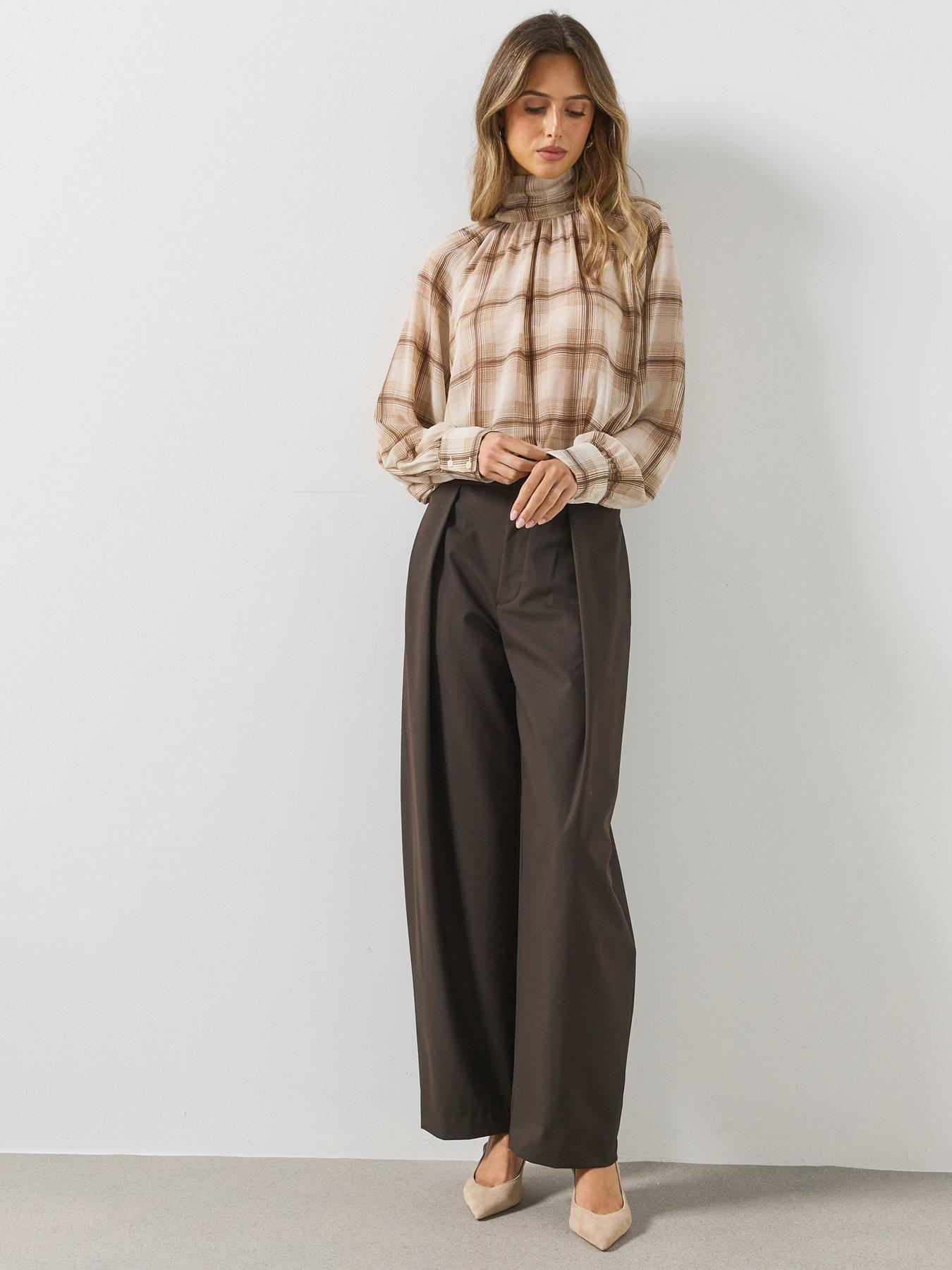 Image 3 of 5 of Mango Womens Check High Neck Flowy Blouse - Brown