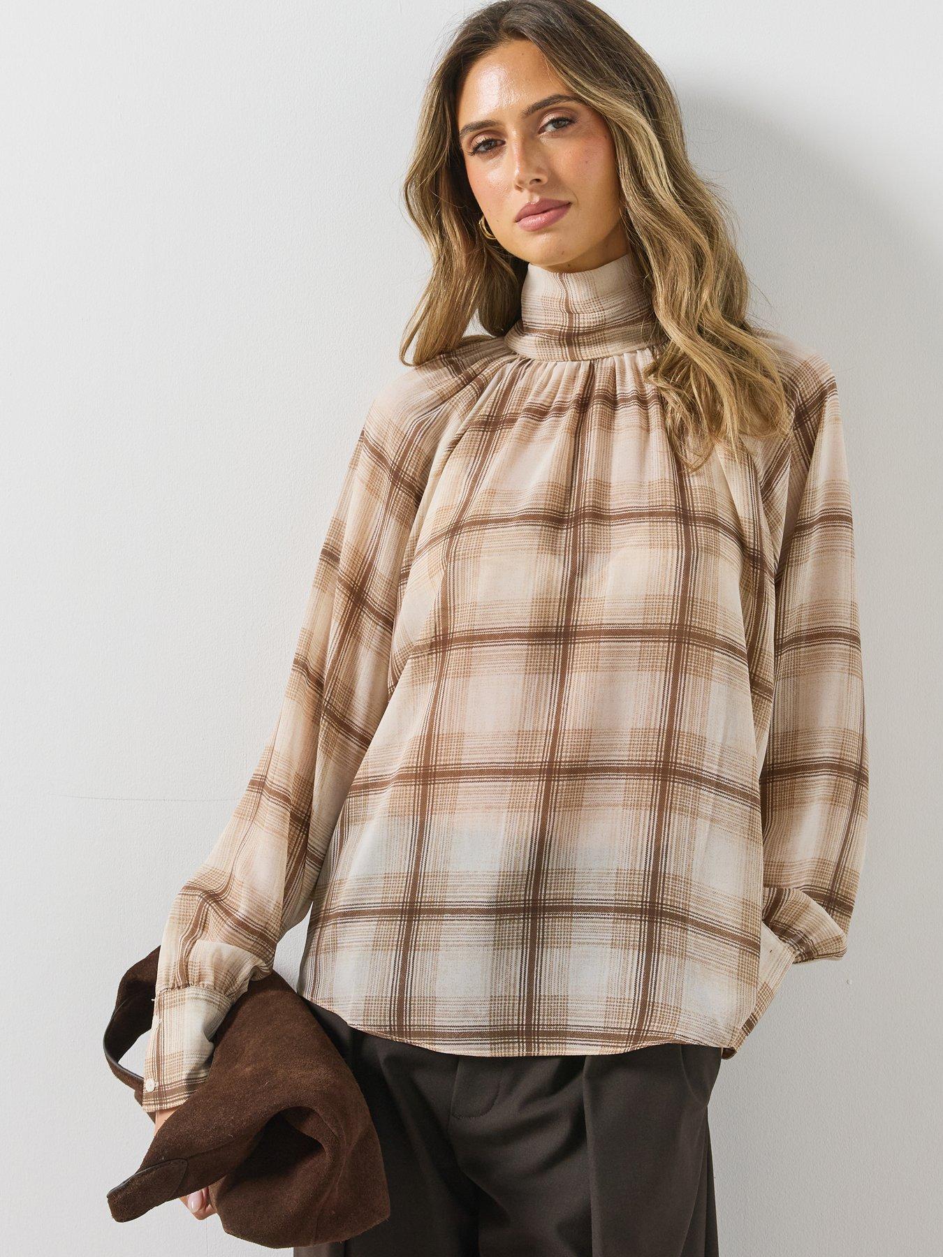 Image 4 of 5 of Mango Womens Check High Neck Flowy Blouse - Brown