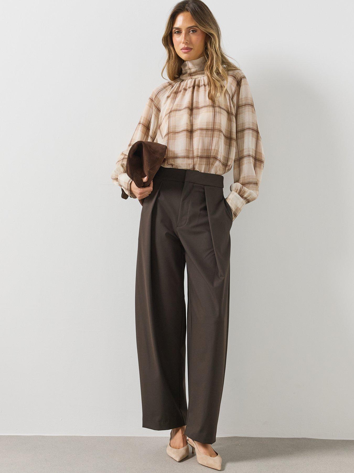 Image 5 of 5 of Mango Womens Check High Neck Flowy Blouse - Brown