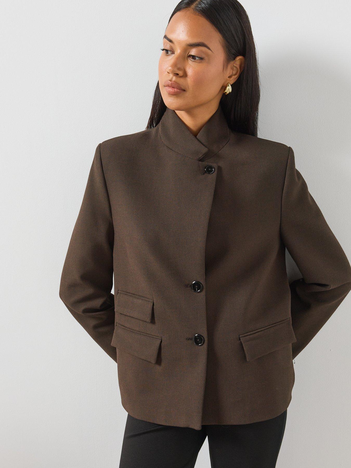 Image 5 of 6 of Mango Houndstooth High Neck Blazer - Brown